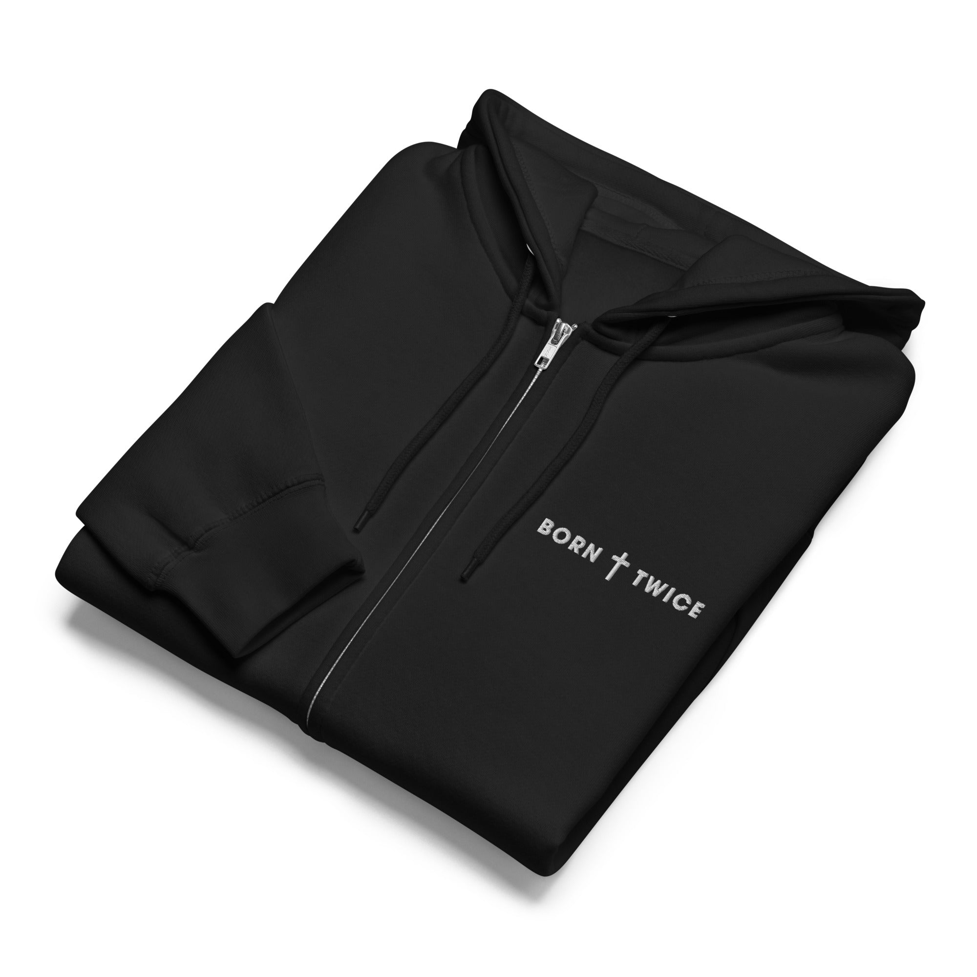 Image of Born Twice Premium Zip Hoodie black folded flat — God hoodie faith-based Christian streetwear