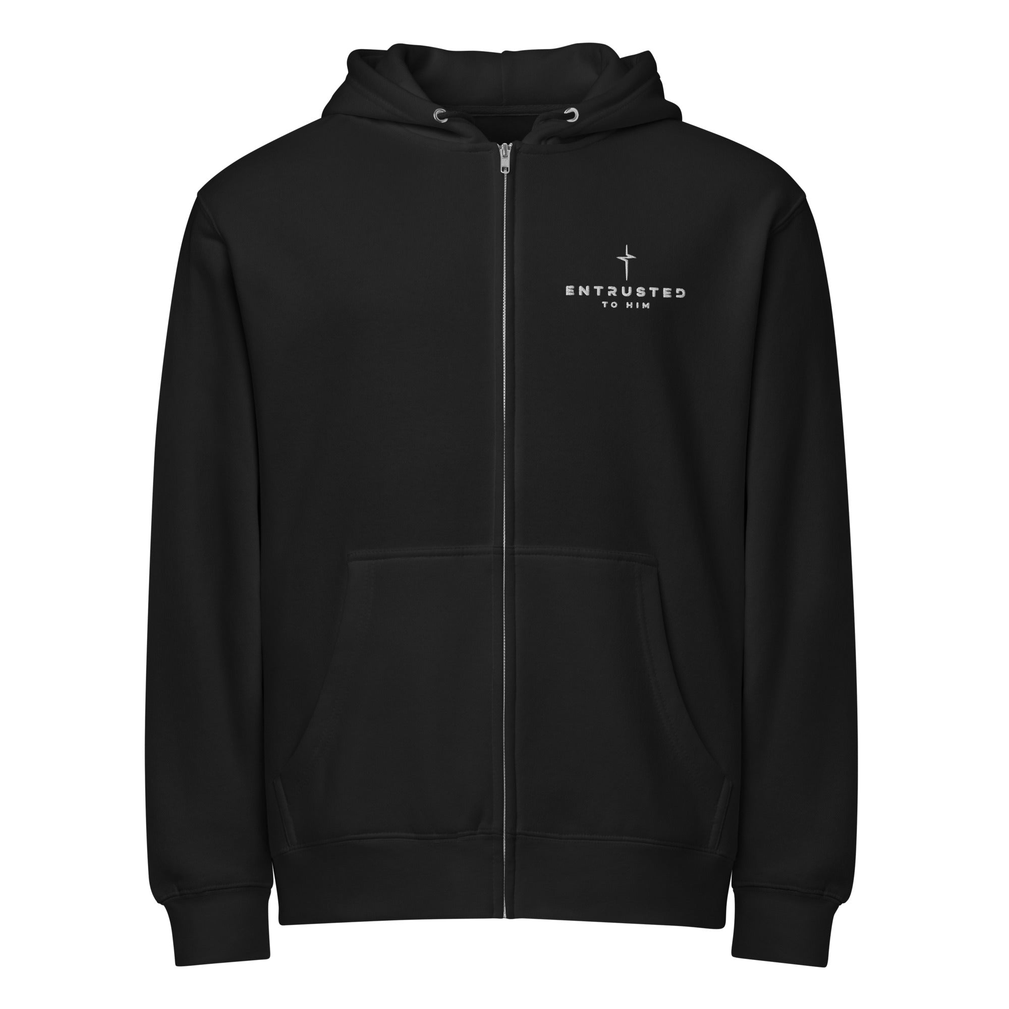 Image of Entrusted Premium Zip Hoodie black front — Christian zip hoodie black 1 Peter 2:23 faith apparel