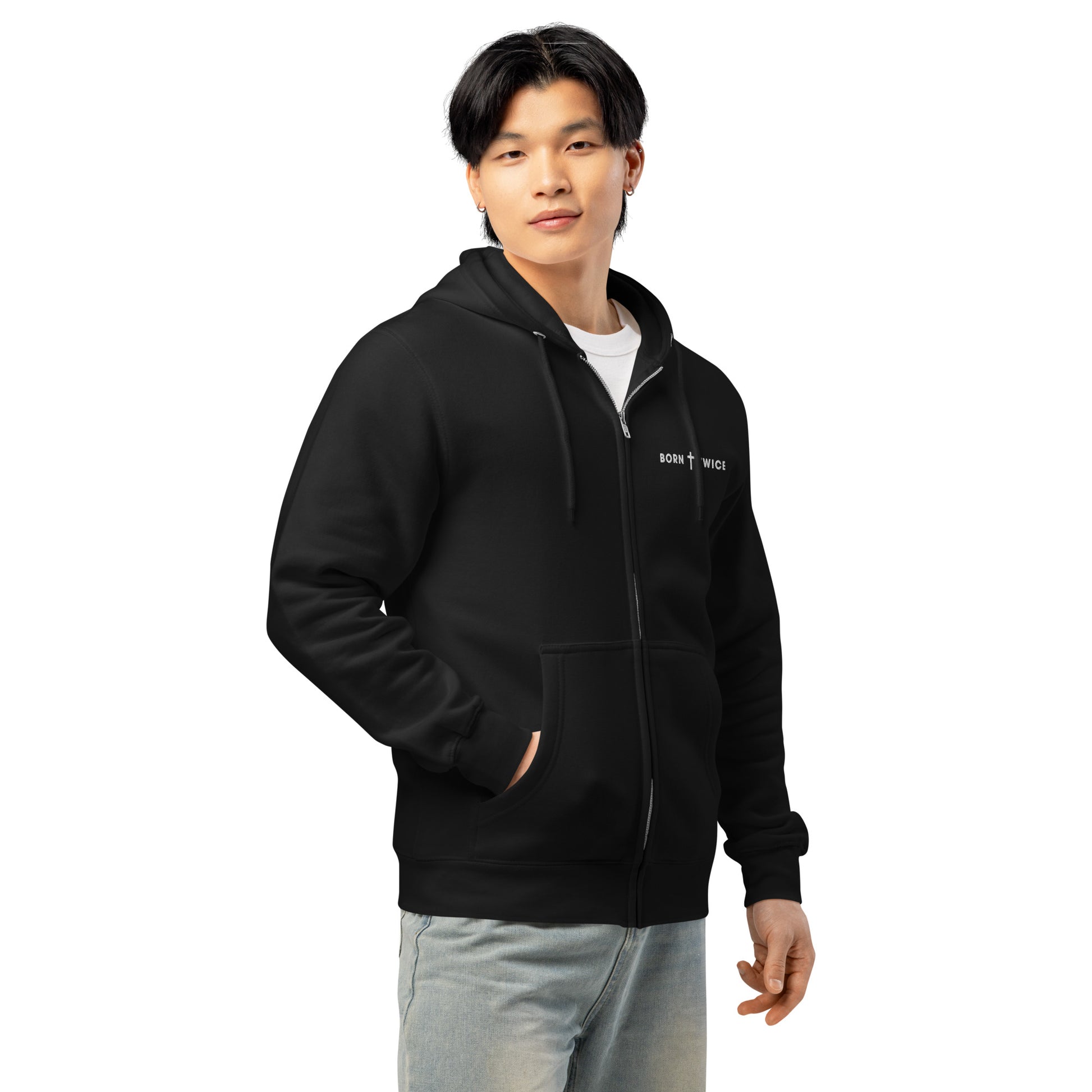 Born Twice Premium Zip Hoodie black lifestyle male front — Entrusted to Him Christian streetwear