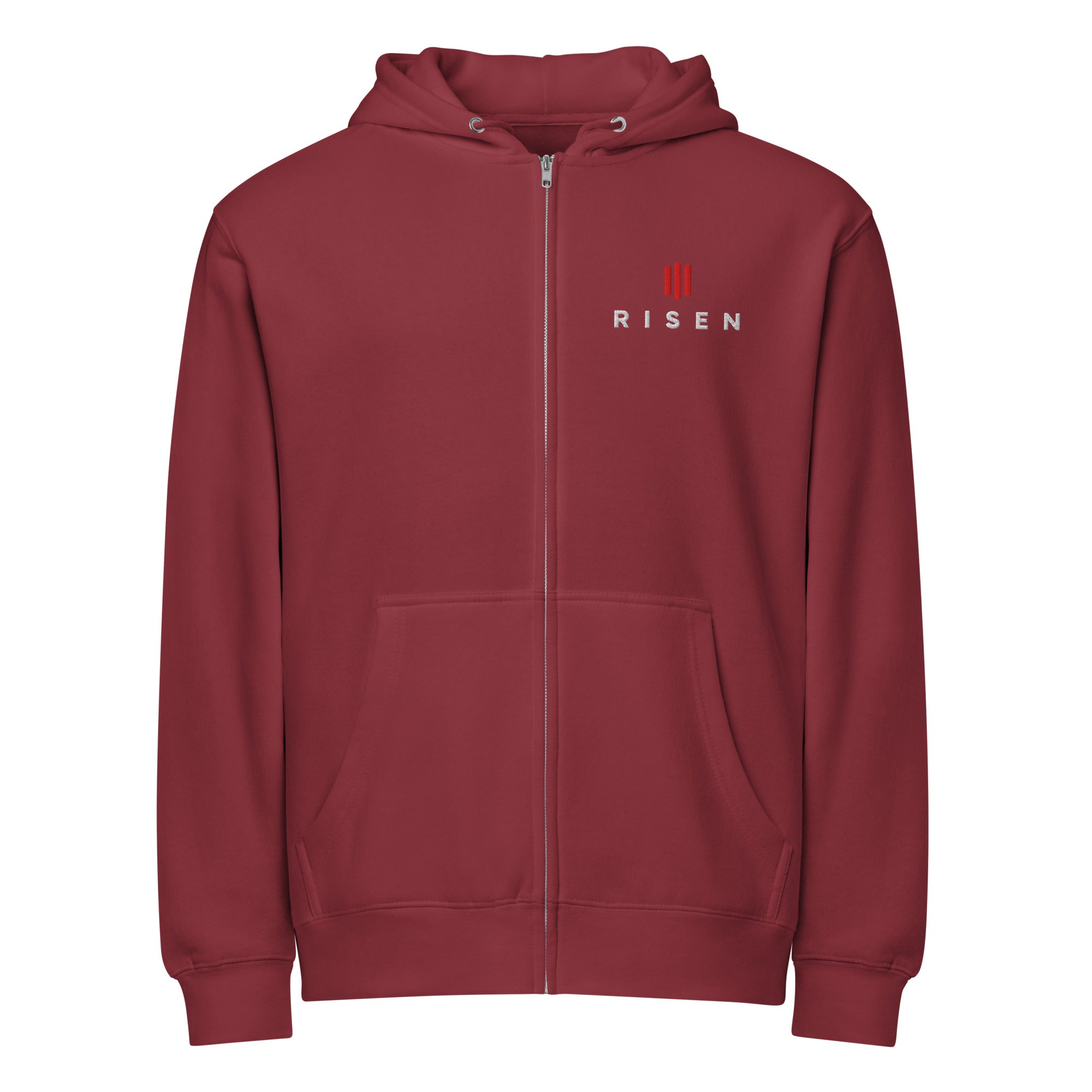 Image of Risen Christian zip hoodie burgundy front — Entrusted to Him