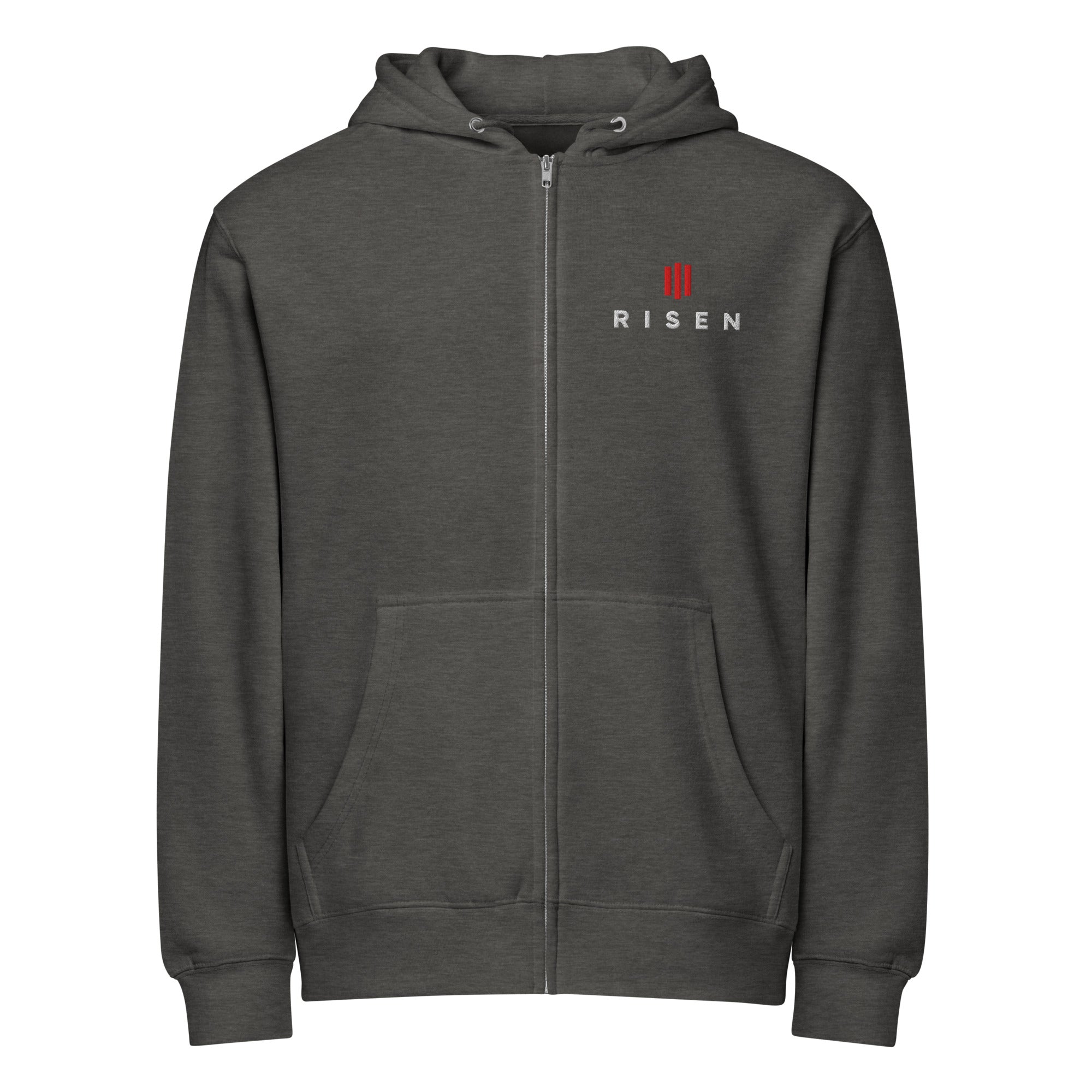 Image of Risen Christian zip hoodie charcoal heather front — Entrusted to Him