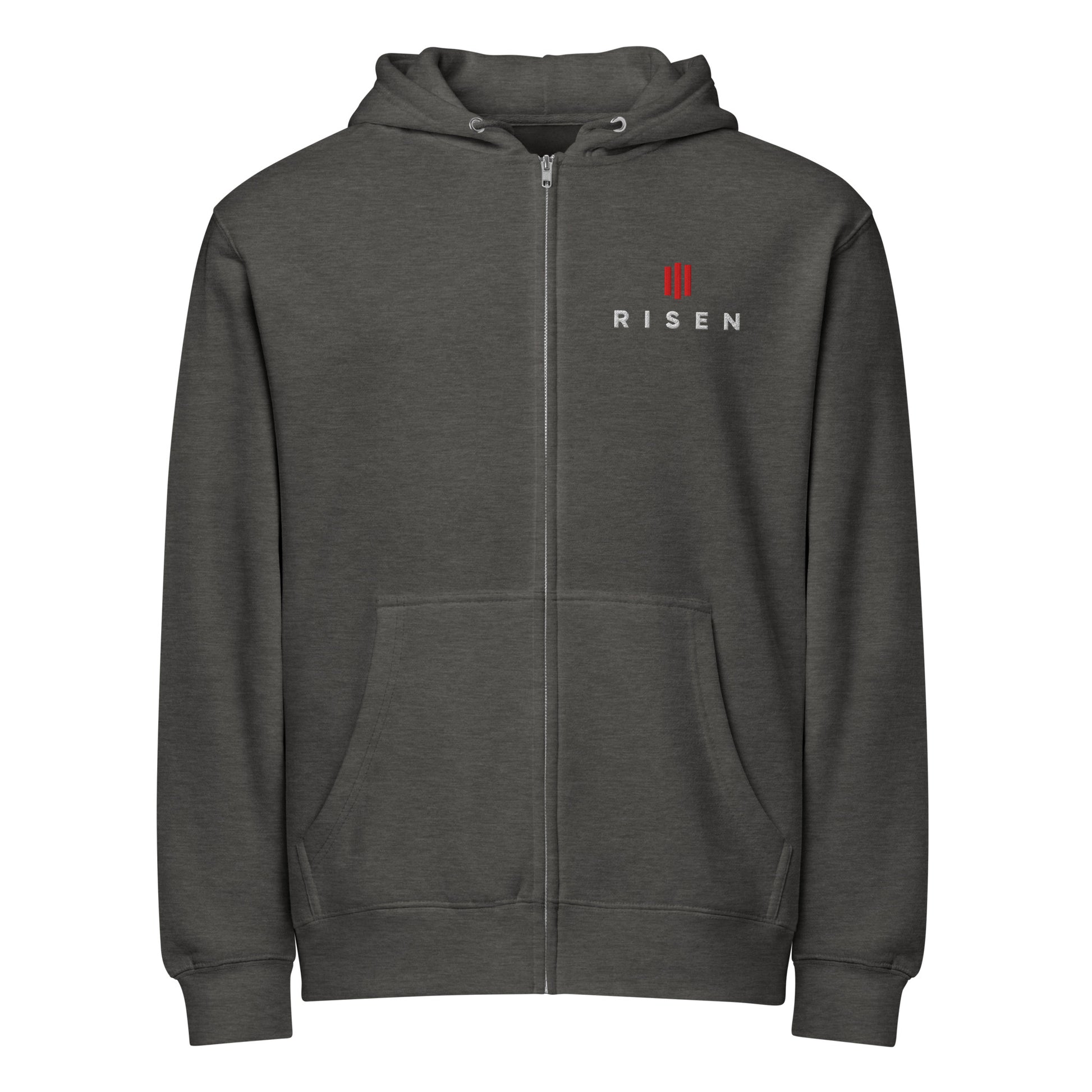 Risen Christian zip hoodie charcoal heather front — Entrusted to Him