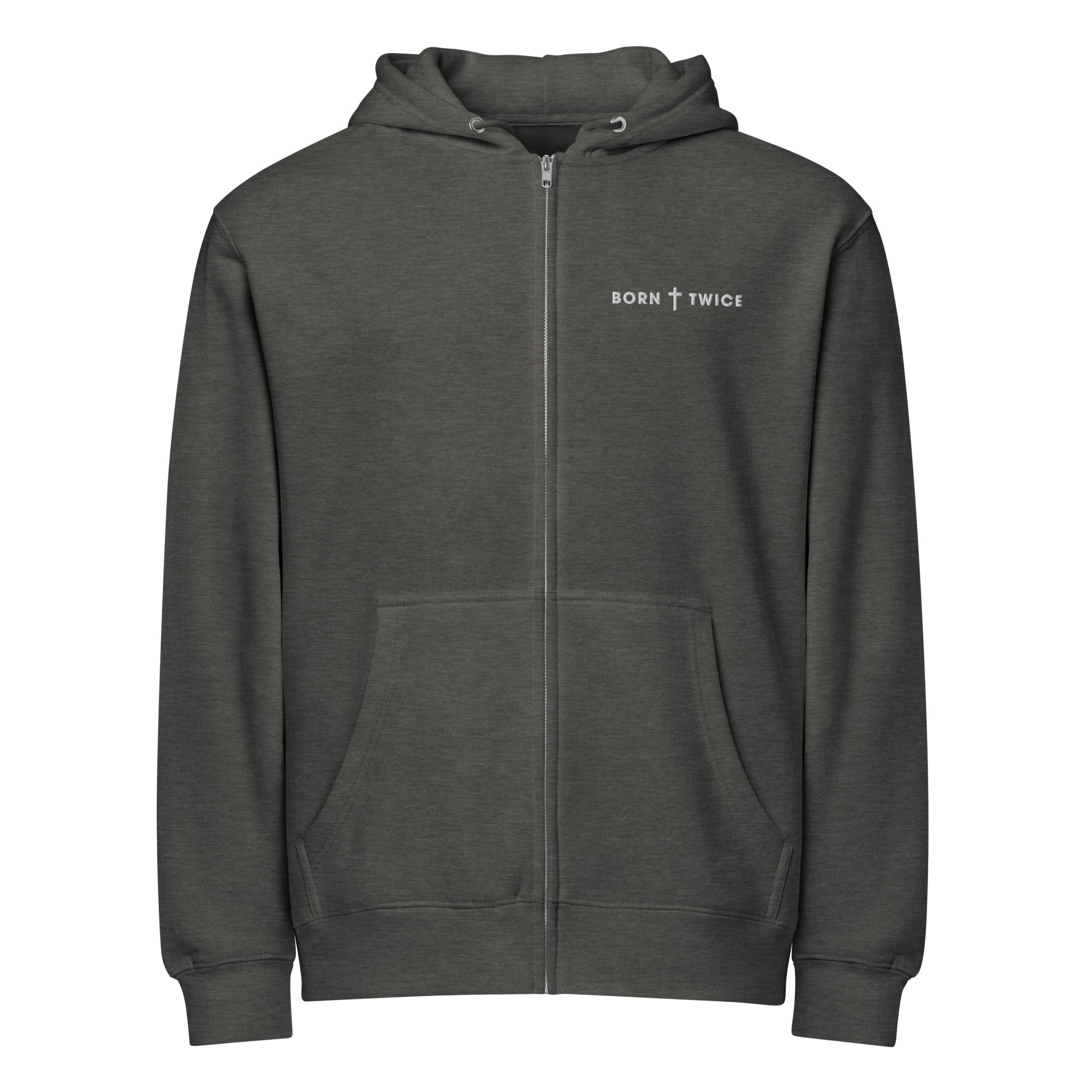 Image of Born Twice Premium Zip Hoodie charcoal heather front — Christian zip hoodie charcoal faith apparel
