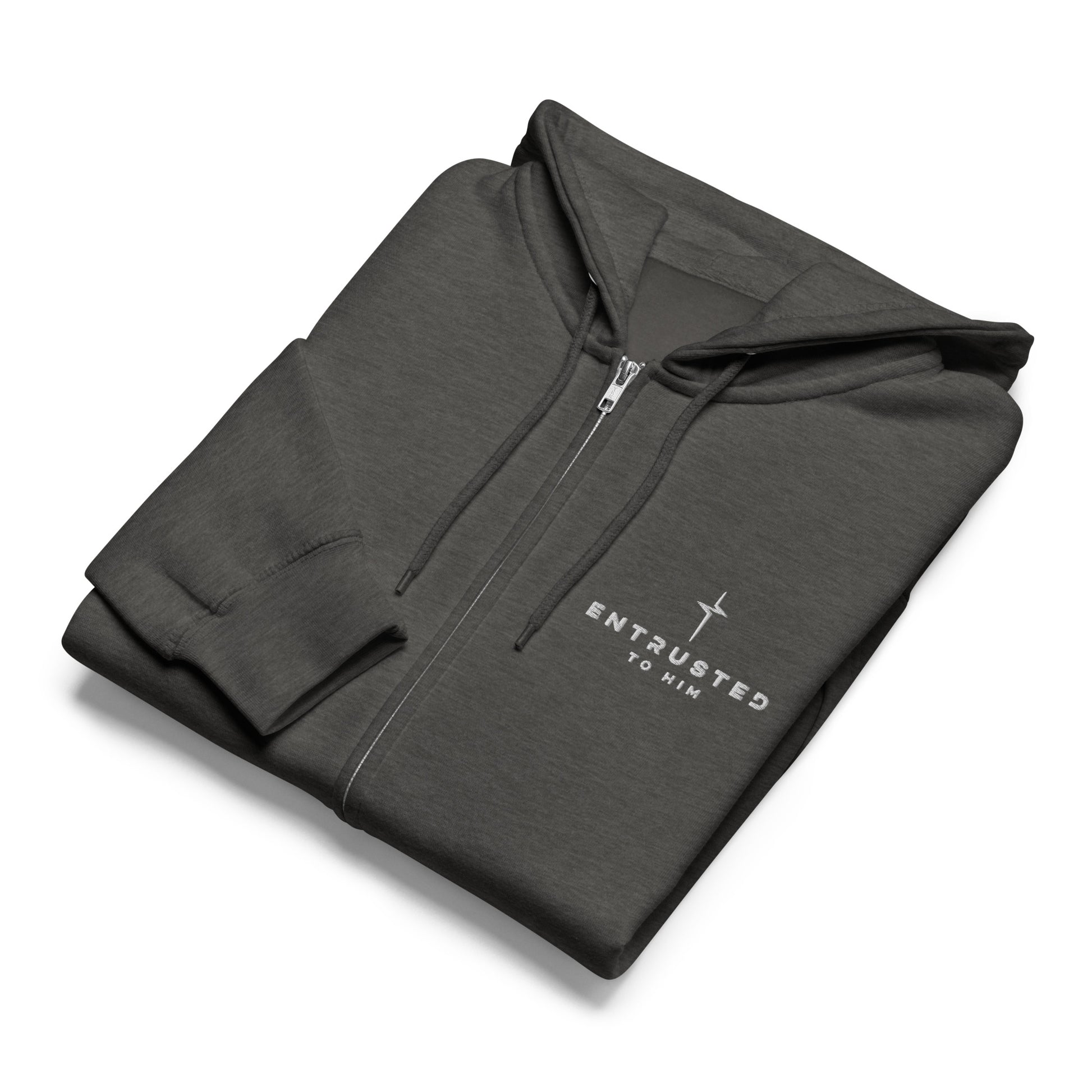Entrusted Premium Zip Hoodie charcoal heather front alternate — Jesus hoodie faith-based apparel