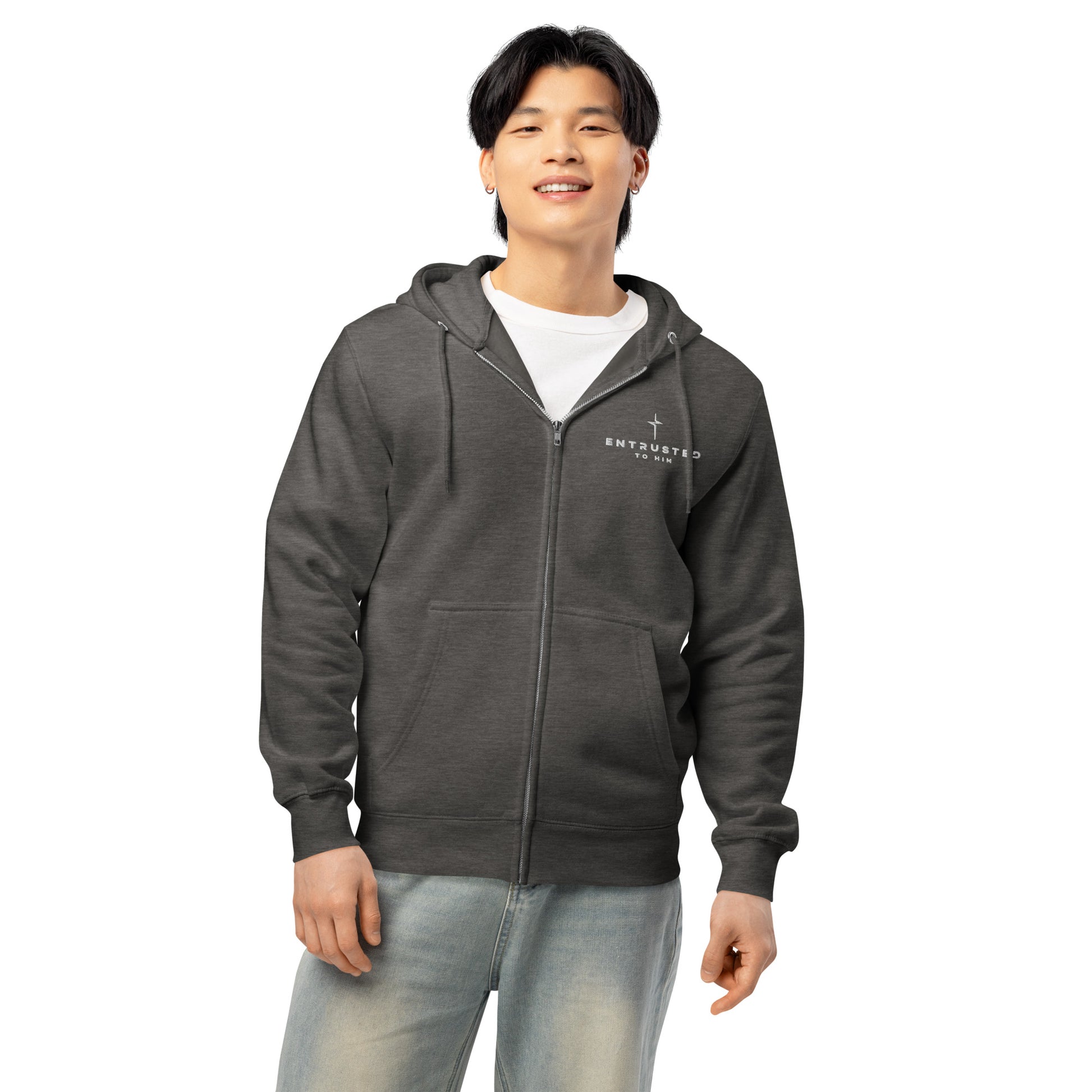 Entrusted Premium Zip Hoodie charcoal heather front — faith-based zip hoodie Entrusted to Him