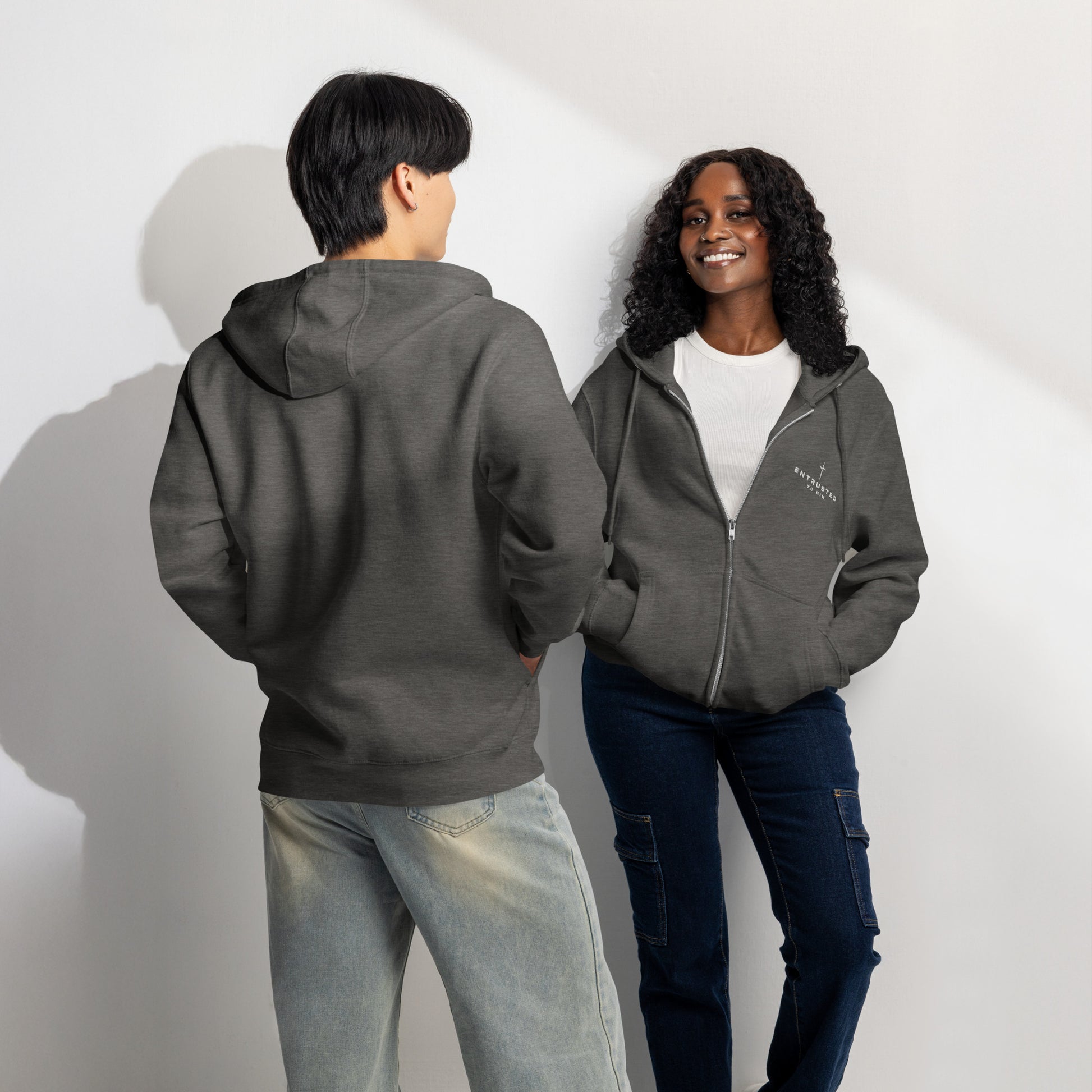 Entrusted Premium Zip Hoodie charcoal heather front and back flat lay — God hoodie Christian streetwear