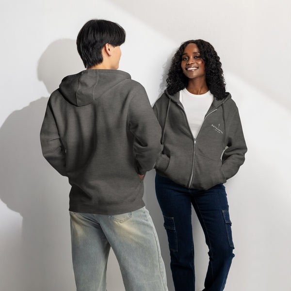 Entrusted Premium Zip Christian Hoodie charcoal front and back view — Entrusted to Him
