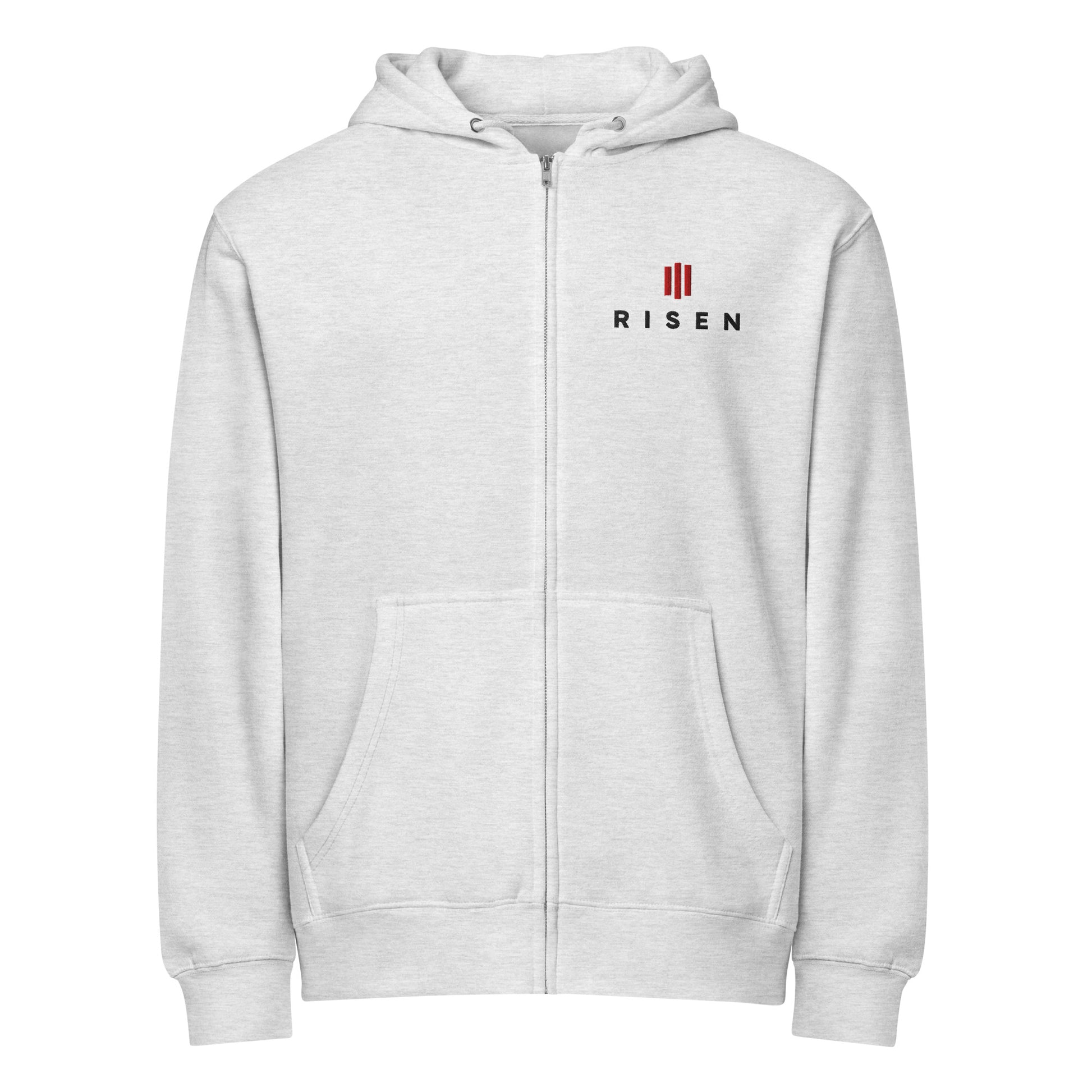 Risen Christian zip hoodie heather grey front — Entrusted to Him