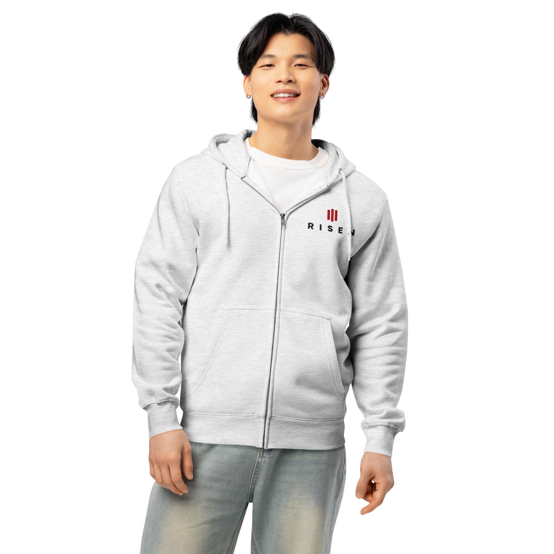 Risen Christian zip hoodie heather grey detail — Entrusted to Him faith apparel