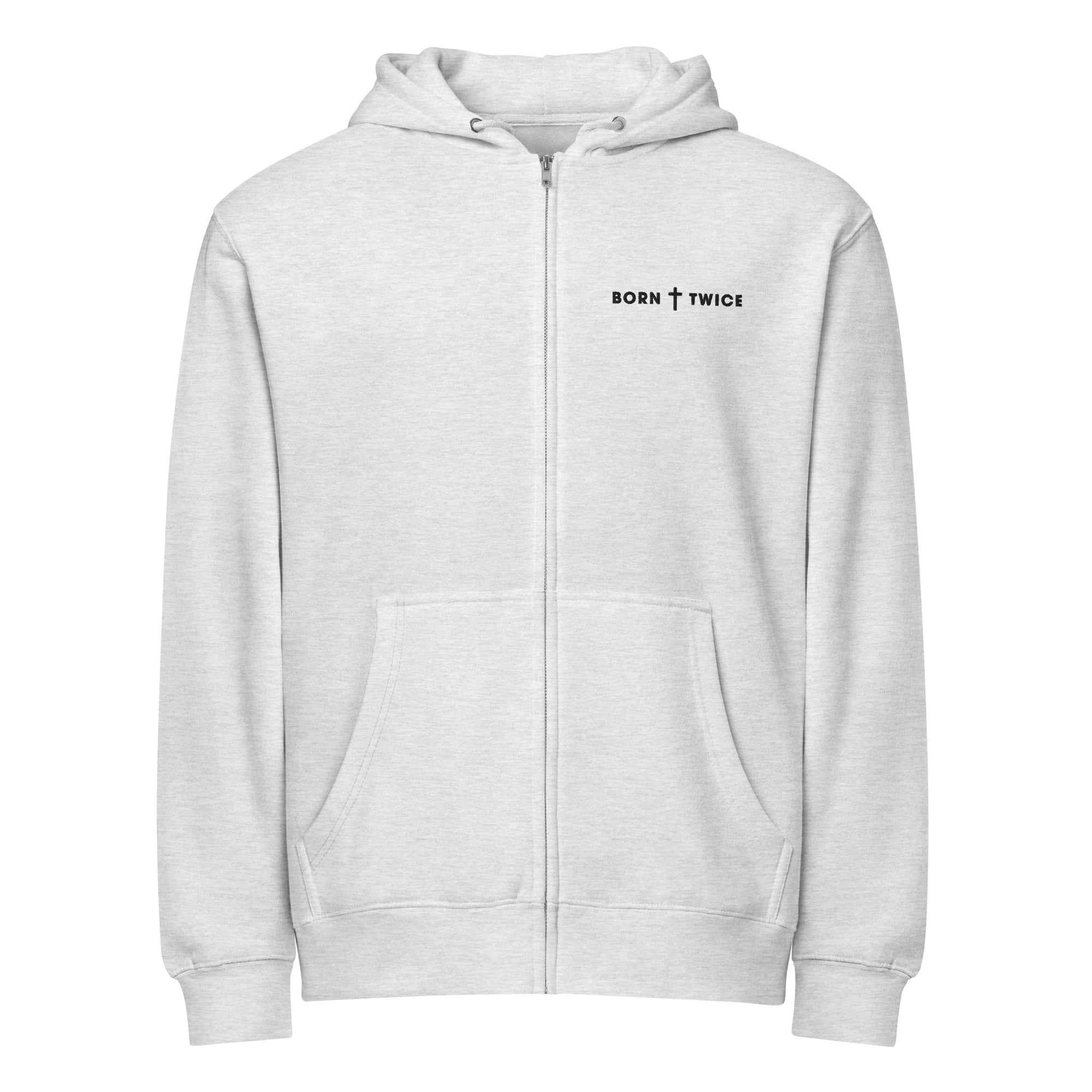Image of Born Twice Premium Zip Hoodie heather grey front — faith-based zip hoodie heather grey John 3:3