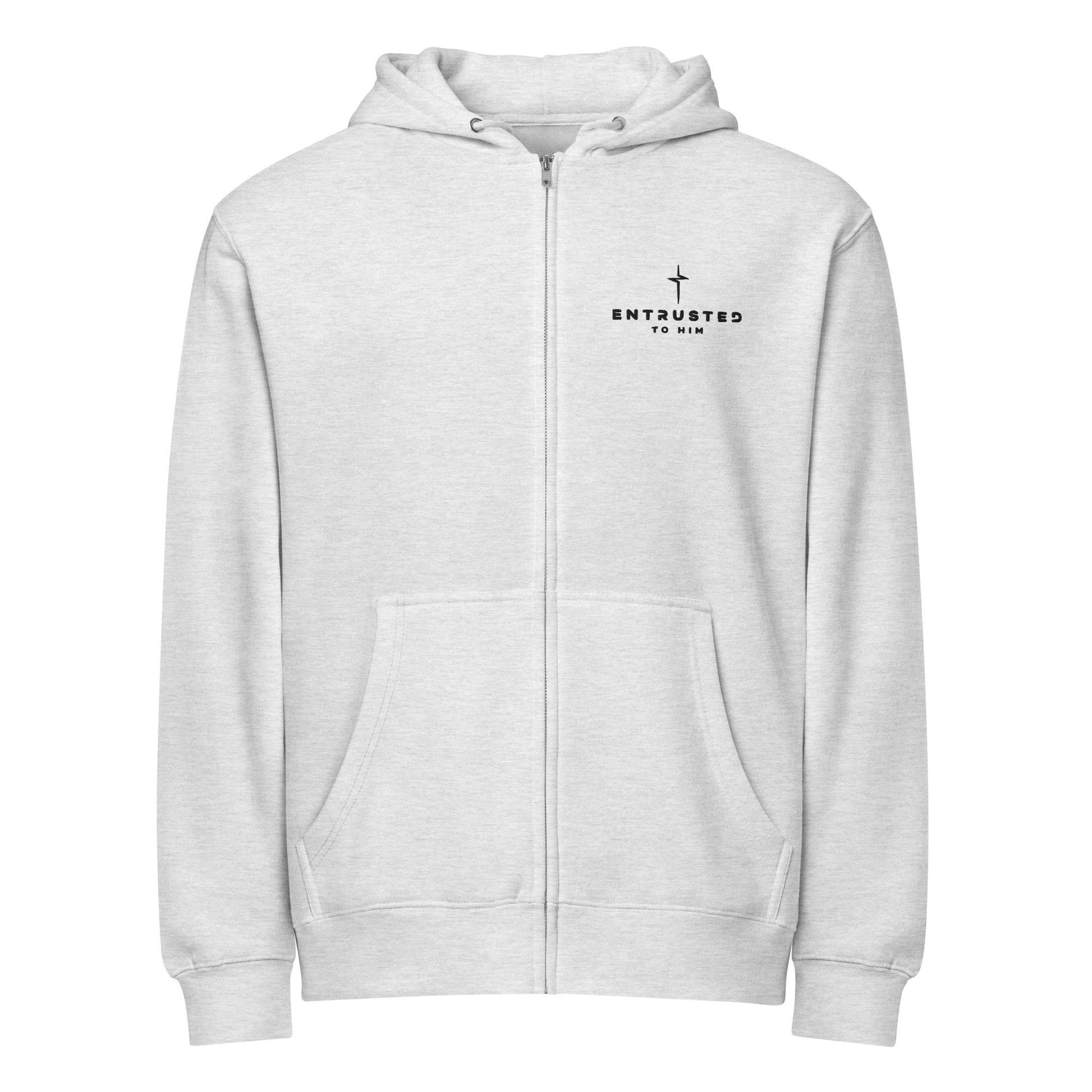 Entrusted Premium Zip Hoodie heather grey front — Christian zip hoodie grey 1 Peter 2:23
