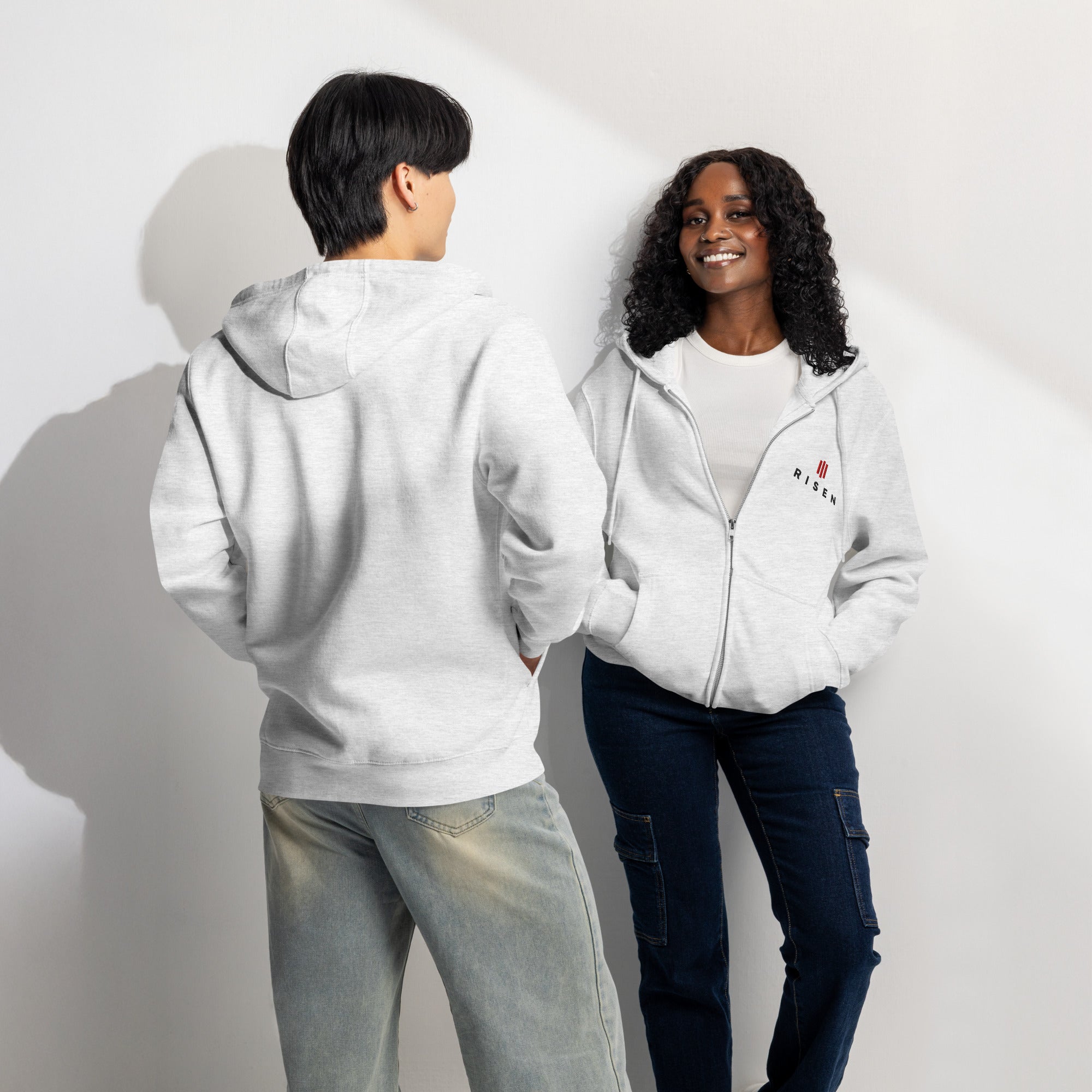 Image of Risen Christian zip hoodie heather grey front and back — Entrusted to Him