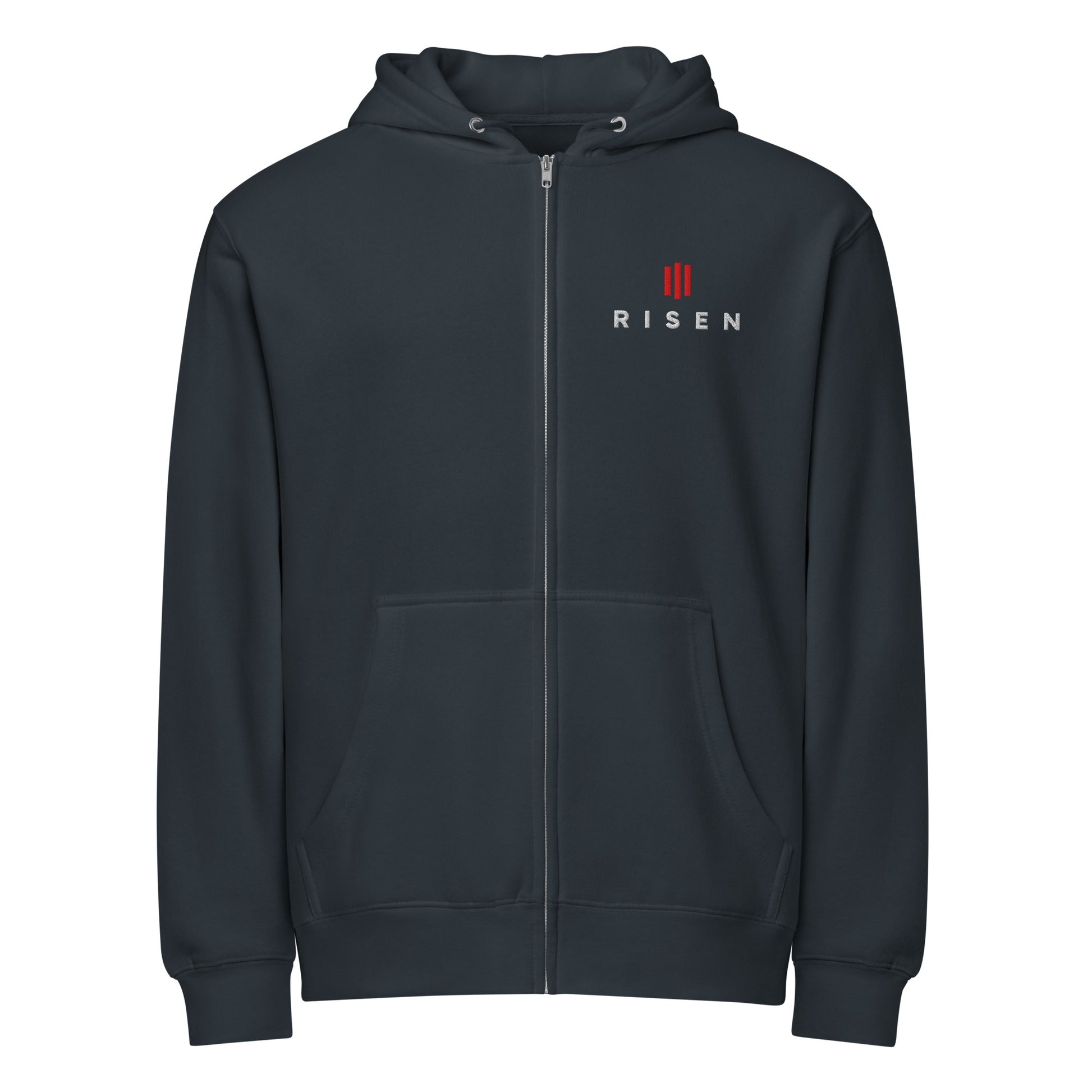 Risen Christian zip hoodie navy front — Entrusted to Him