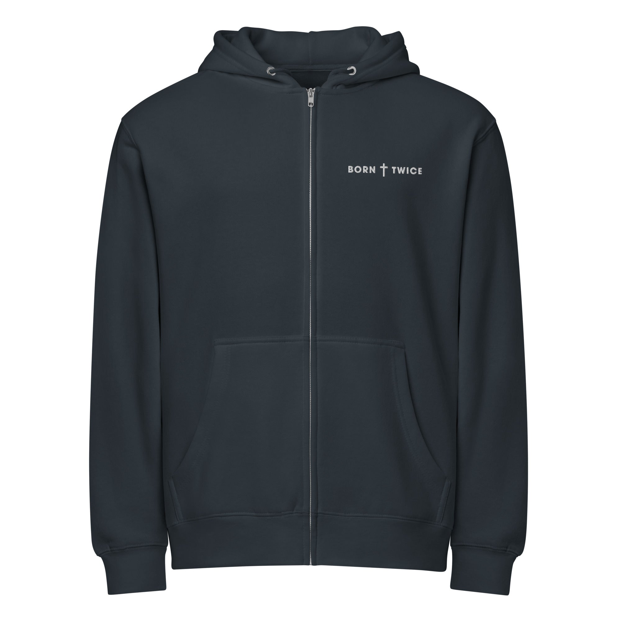 Image of Born Twice Premium Zip Hoodie navy front — faith-based zip hoodie John 3:3 Christian apparel