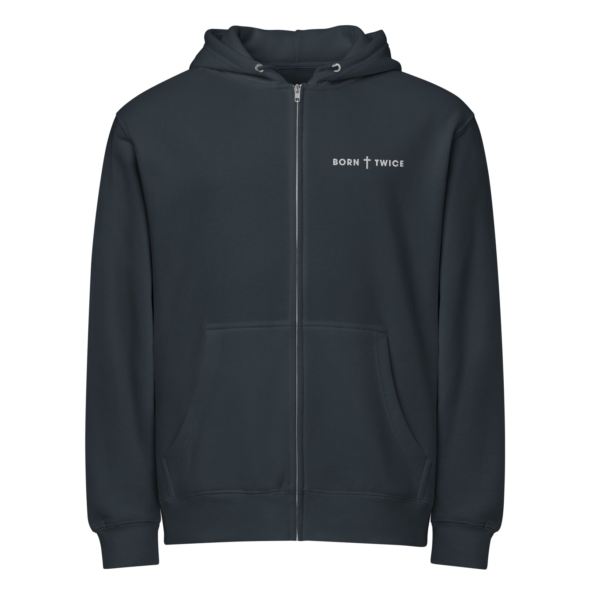 Born Twice Premium Zip Hoodie navy front — faith-based zip hoodie John 3:3 Christian apparel