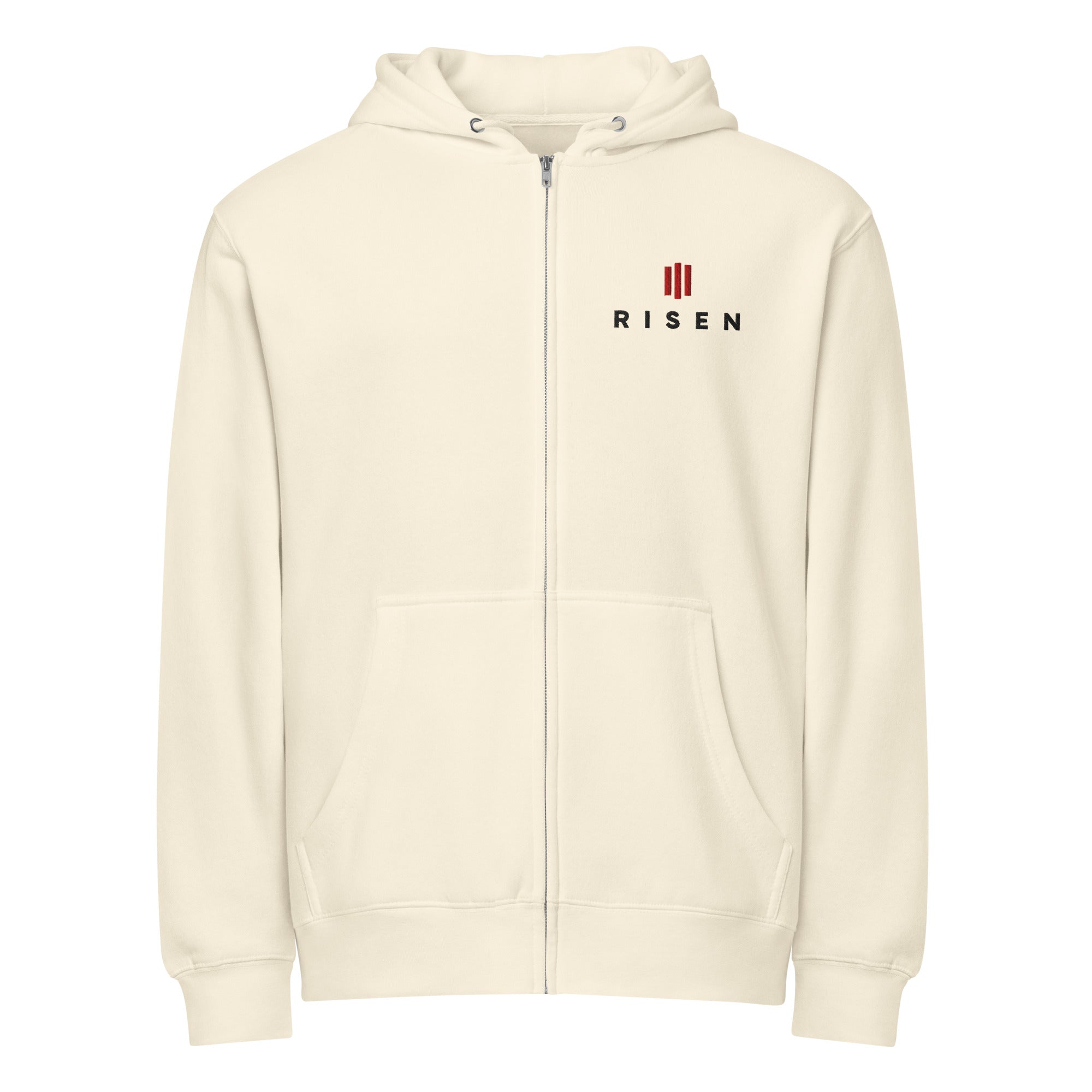 Image of Risen Christian zip hoodie sandshell front — Entrusted to Him