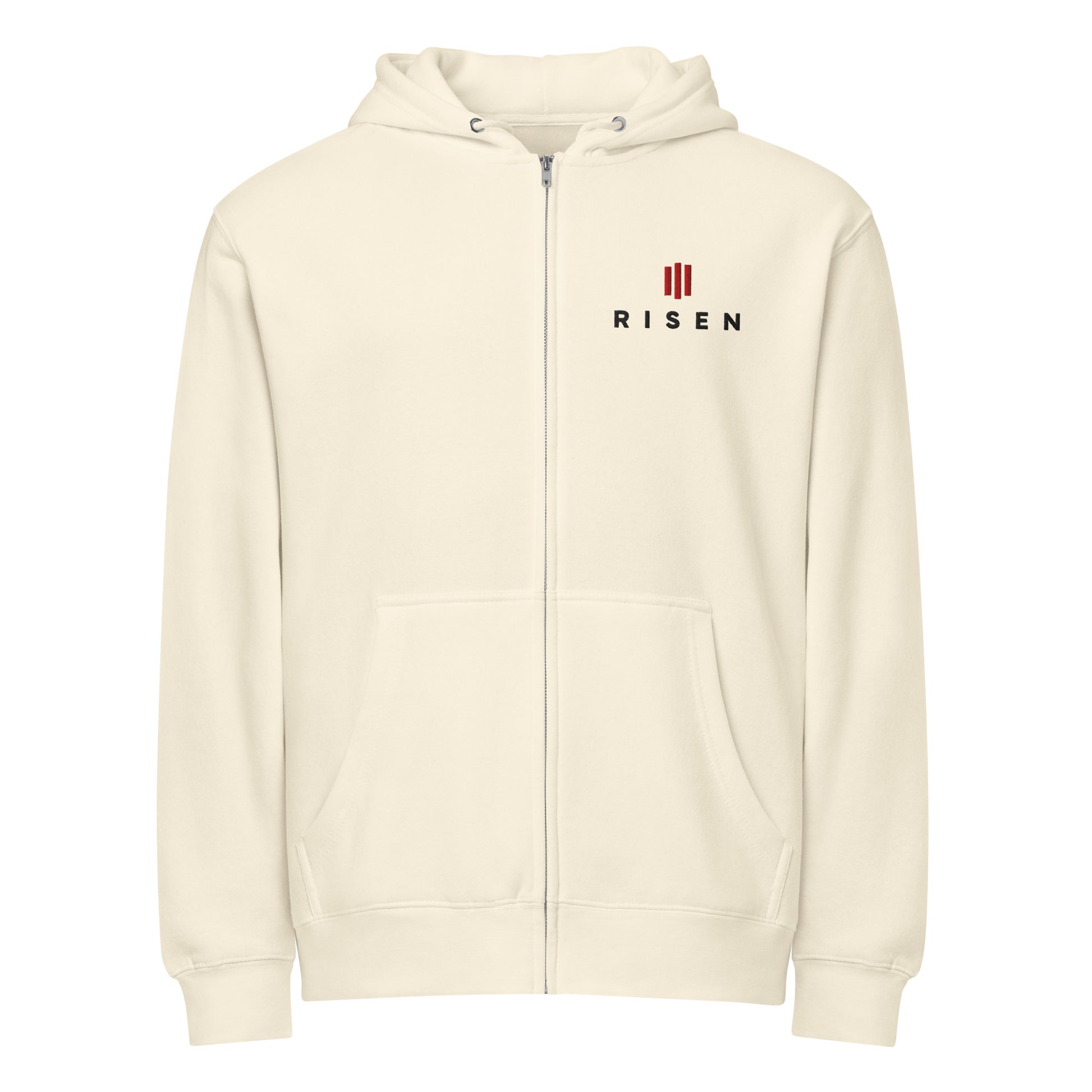 Risen Christian zip hoodie sandshell front — Entrusted to Him