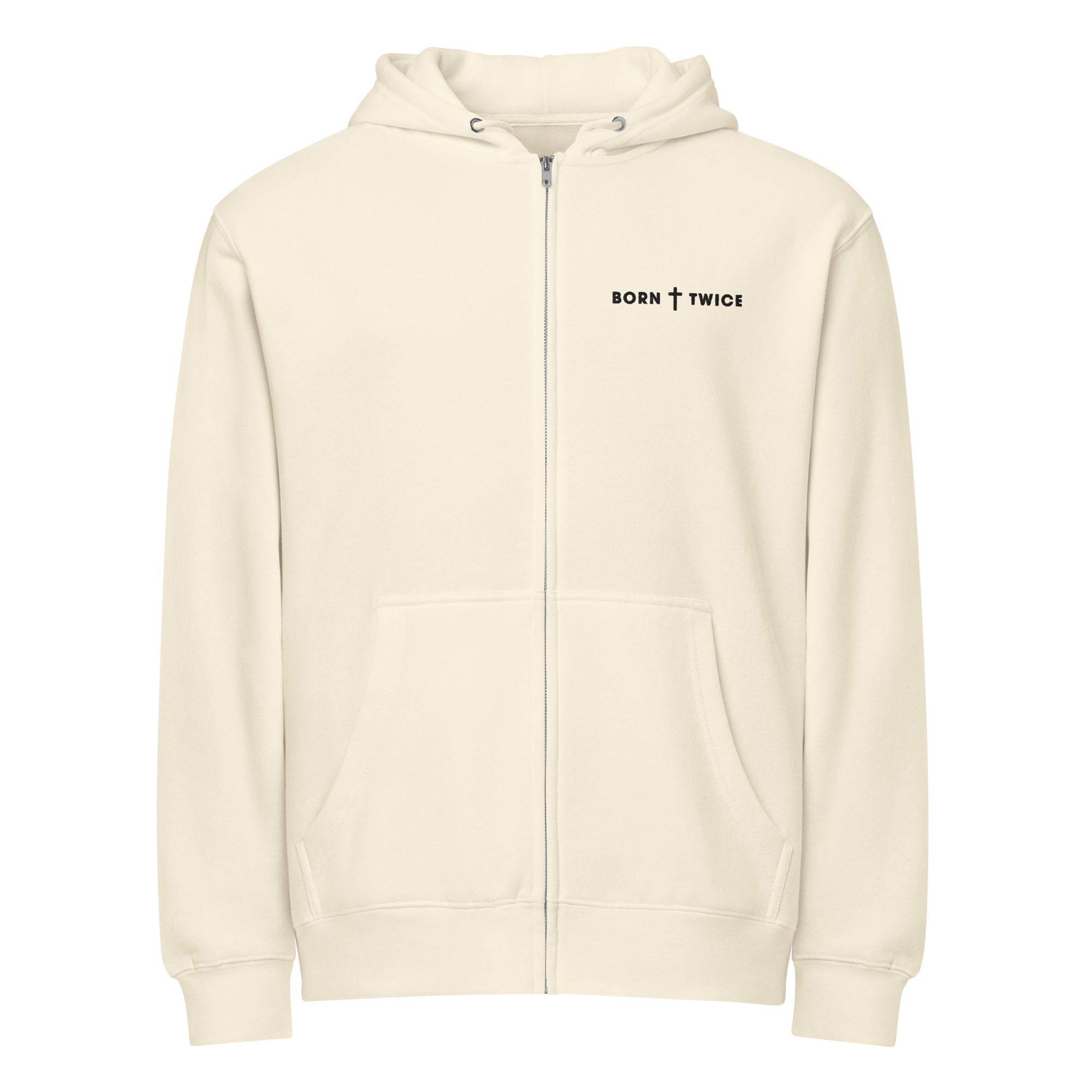 Image of Born Twice Premium Zip Hoodie sandshell front — faith-based zip hoodie sandshell Christian apparel