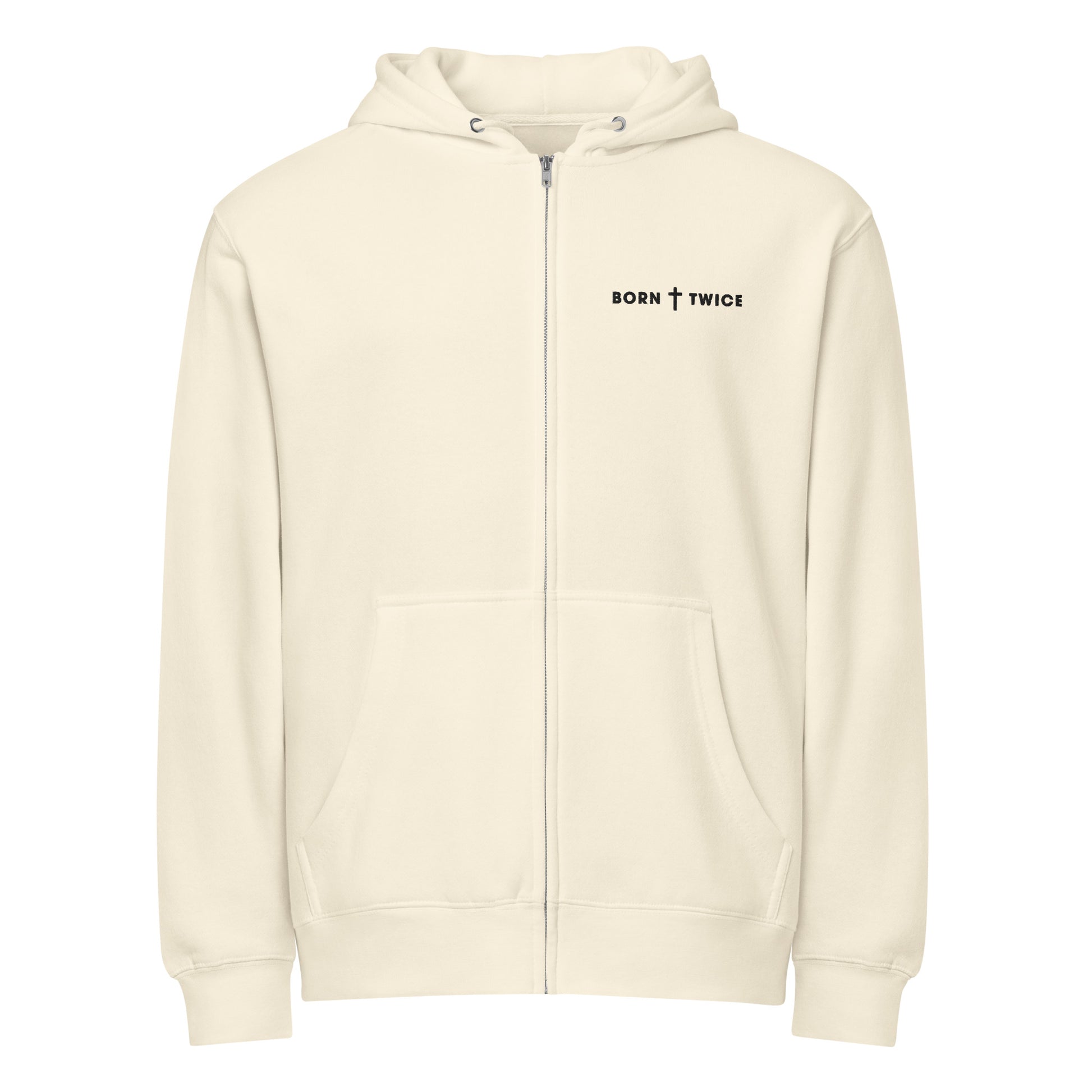 Born Twice Premium Zip Hoodie sandshell front — faith-based zip hoodie sandshell Christian apparel