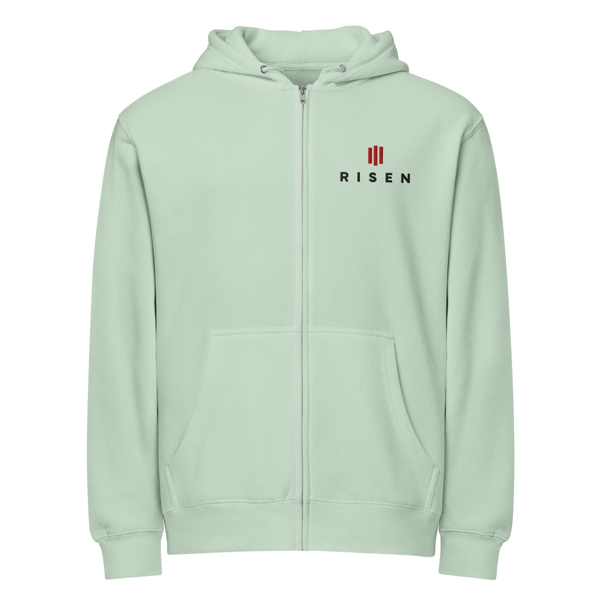 Image of Risen Christian zip hoodie seafoam front — Entrusted to Him