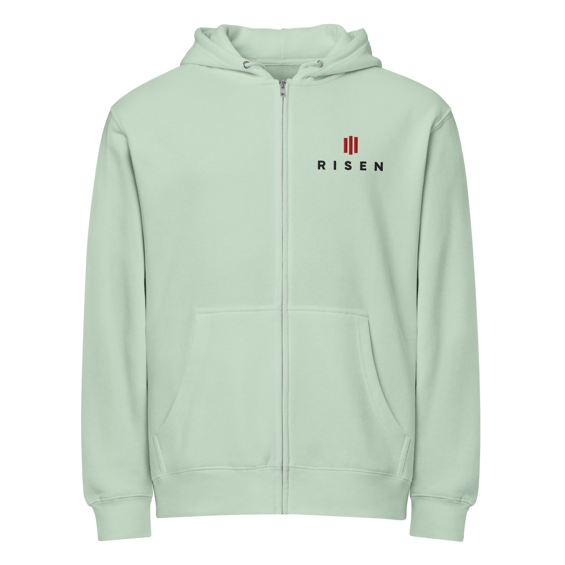 Risen Christian zip hoodie seafoam front — Entrusted to Him