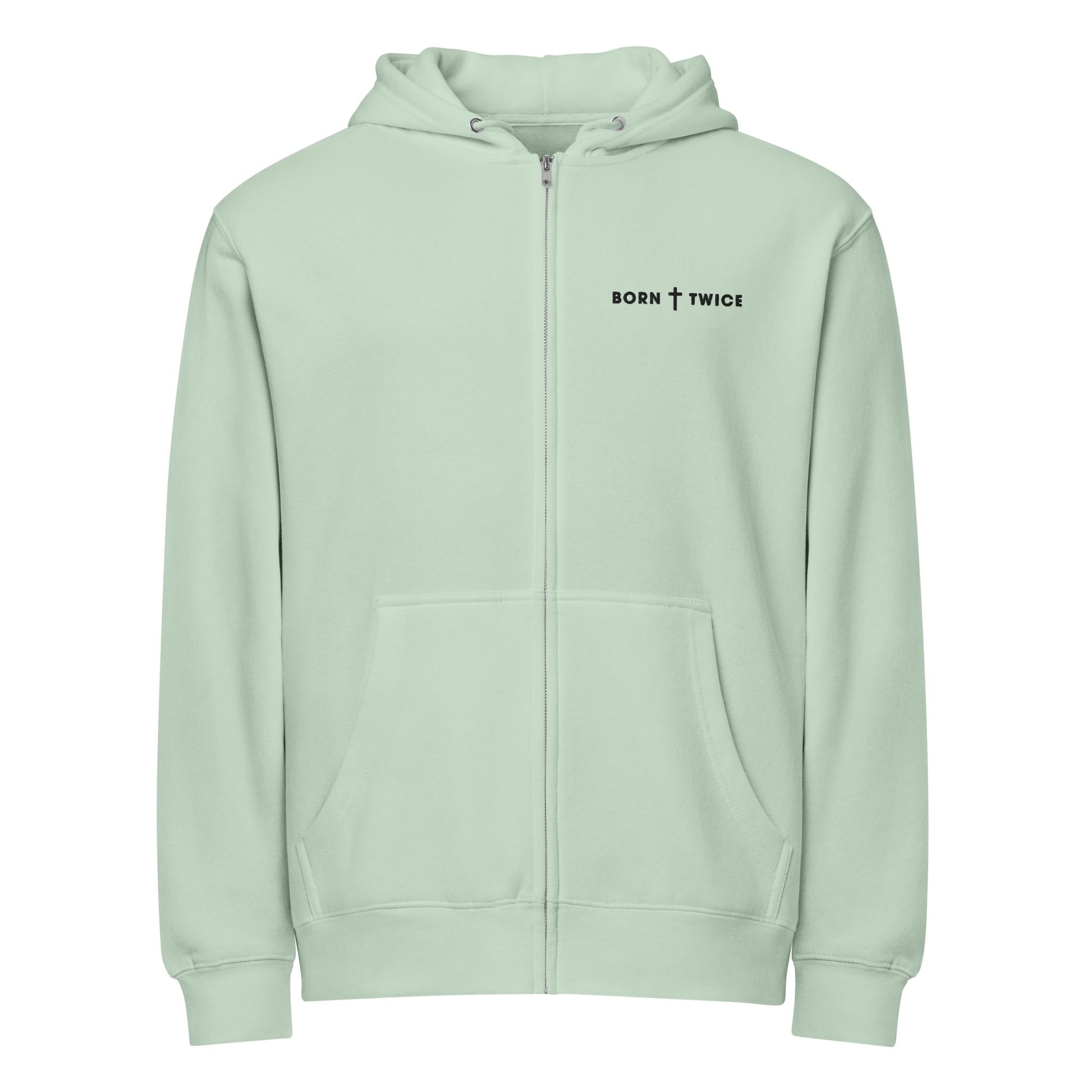 Born Twice Premium Zip Hoodie seafoam front — Christian zip hoodie seafoam faith-based apparel