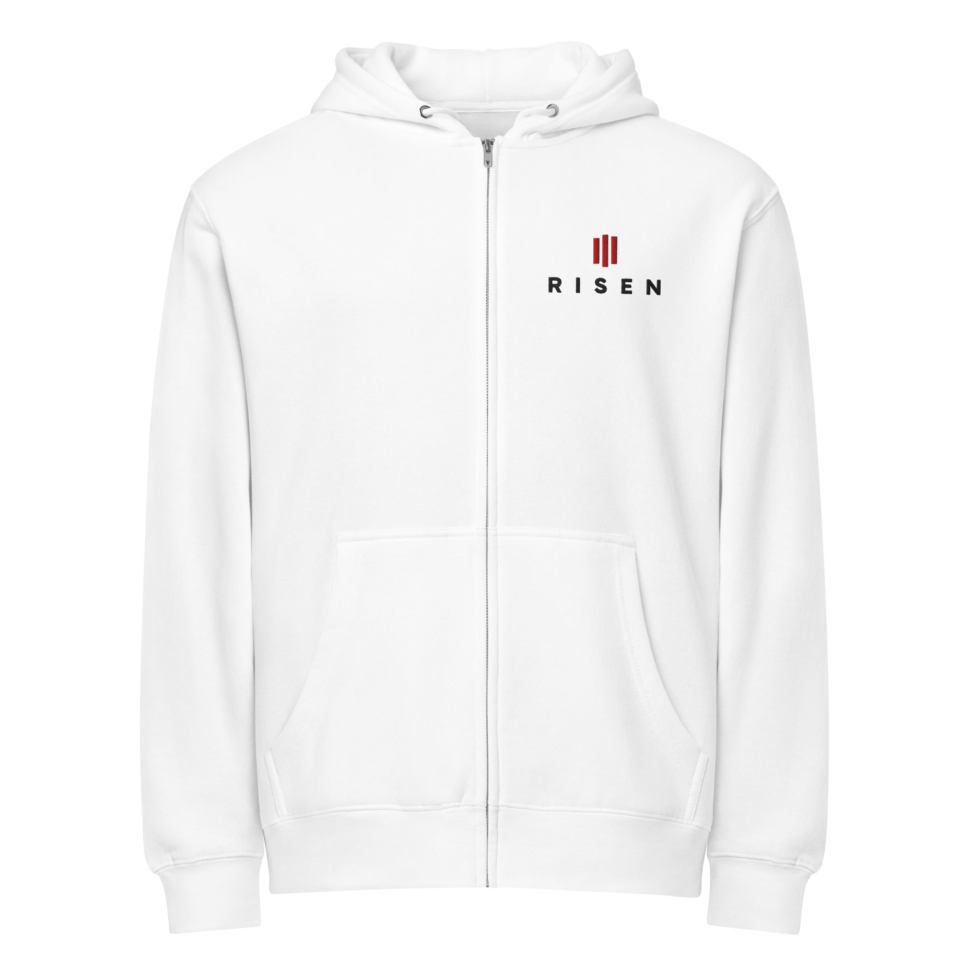 Image of Risen Christian zip hoodie white front — Entrusted to Him