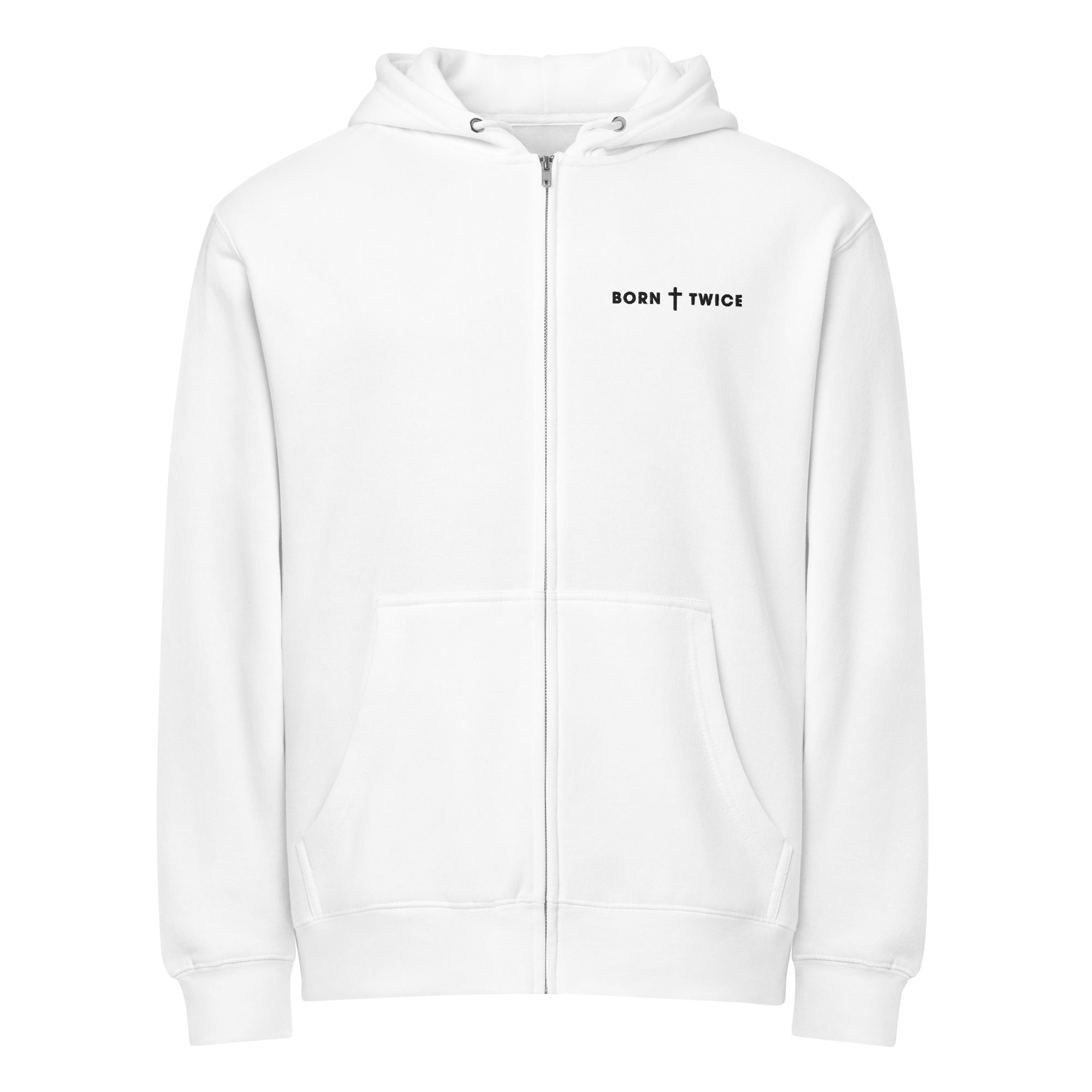 Image of Born Twice Premium Zip Hoodie white front — Christian zip hoodie white faith-based streetwear