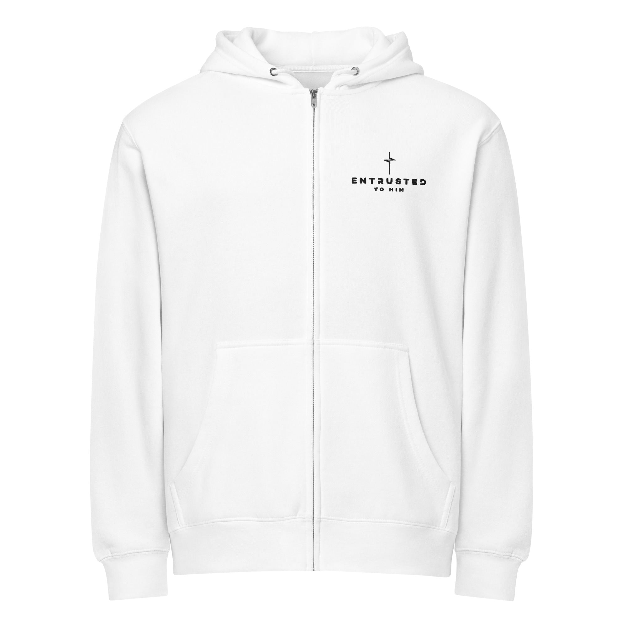 Image of Entrusted Premium Zip Hoodie white front — Christian zip hoodie white faith-based streetwear
