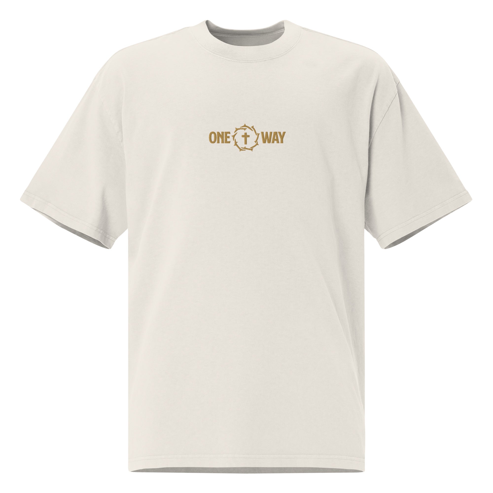 Image of One Way embroidered oversized faded t-shirt in faded bone with cross and crown of thorns design, front view