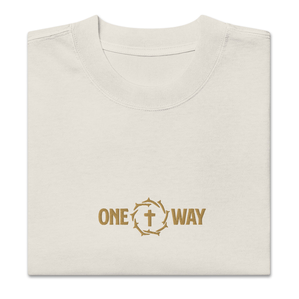 Folded One Way embroidered oversized faded t-shirt in faded bone showing the cross and crown of thorns design