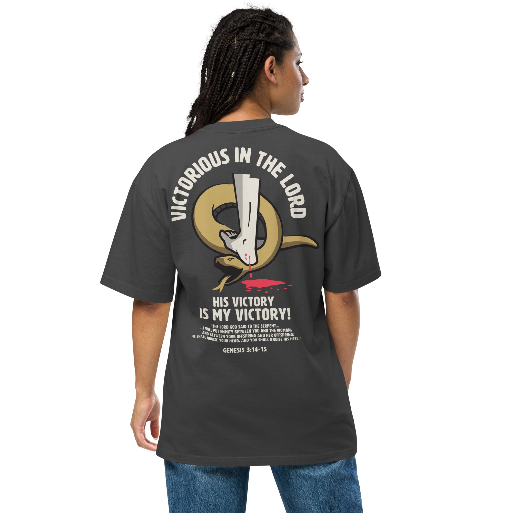 Image of Victorious Bible verse shirt faded black back alternate view — Entrusted to Him