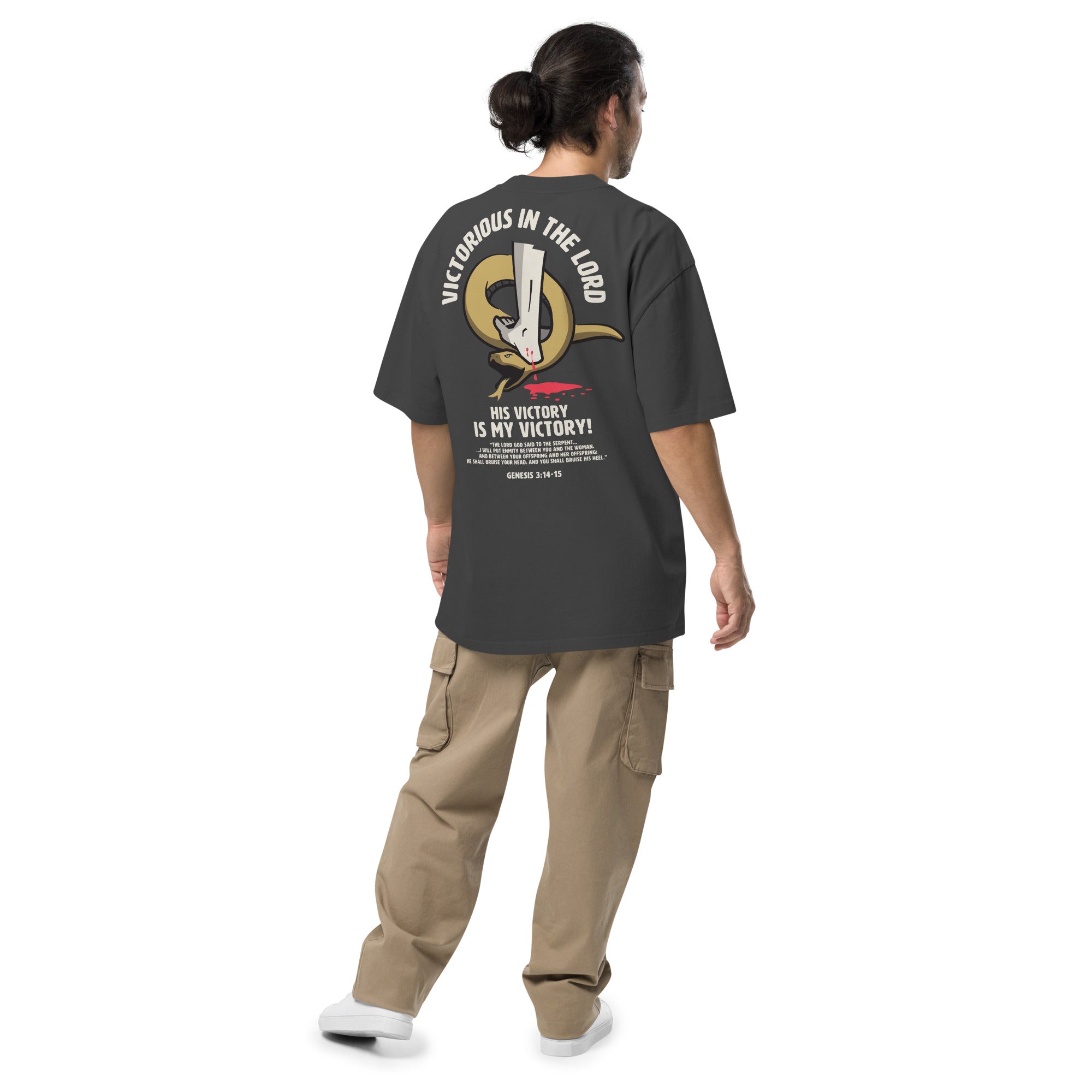 Image of Victorious t-shirt Christian faded black back detail view — Entrusted to Him