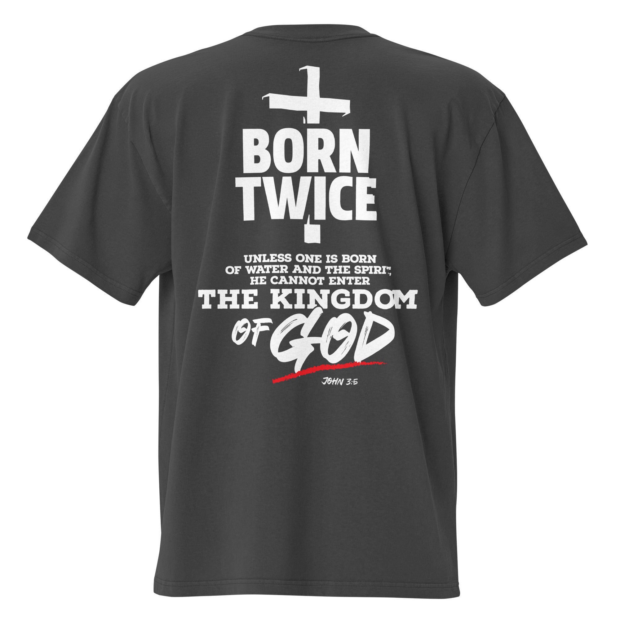 Image of Born Twice Christian apparel faded black back detail view — Entrusted to Him