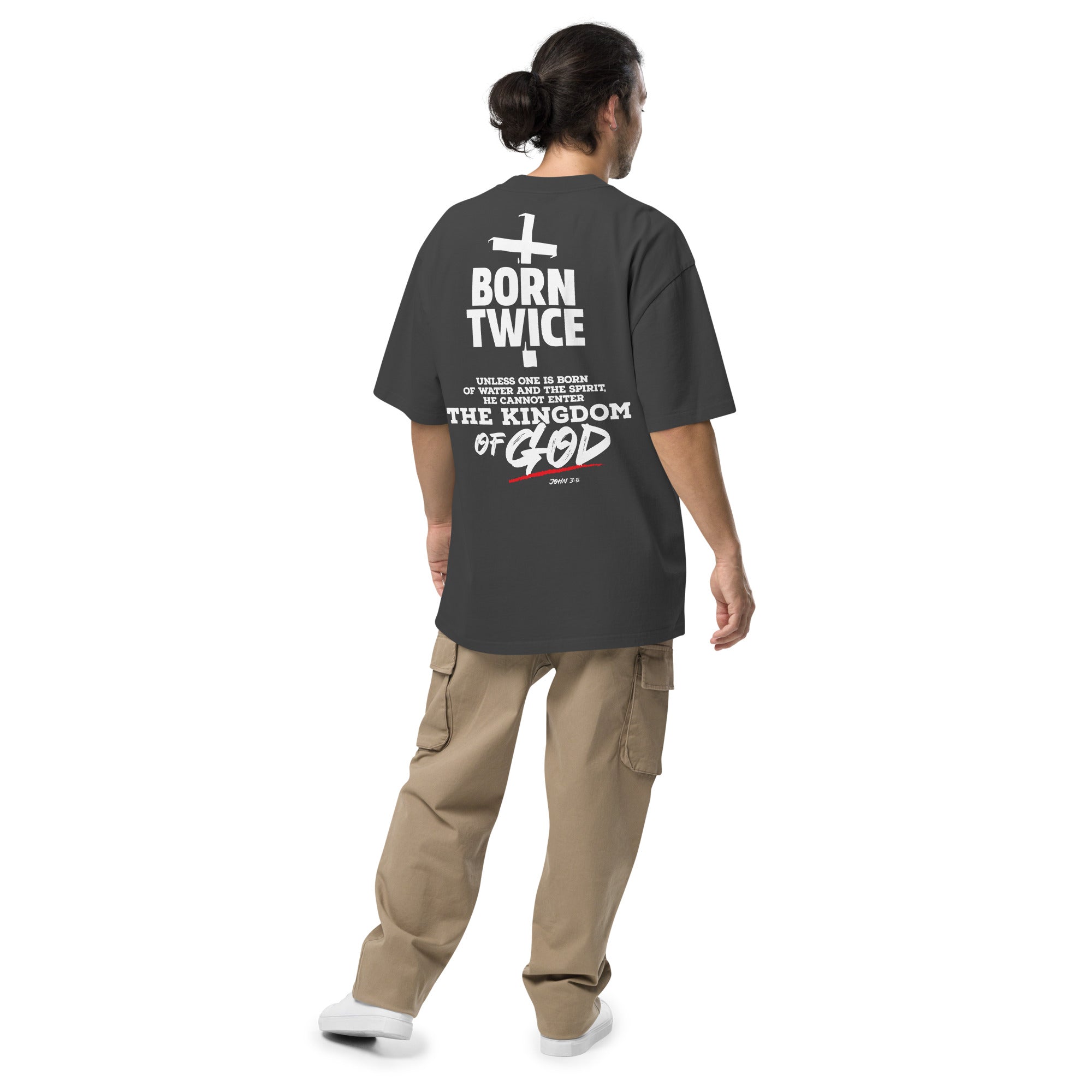 Image of Born Twice Jesus t-shirt faded black back alternate view — Entrusted to Him