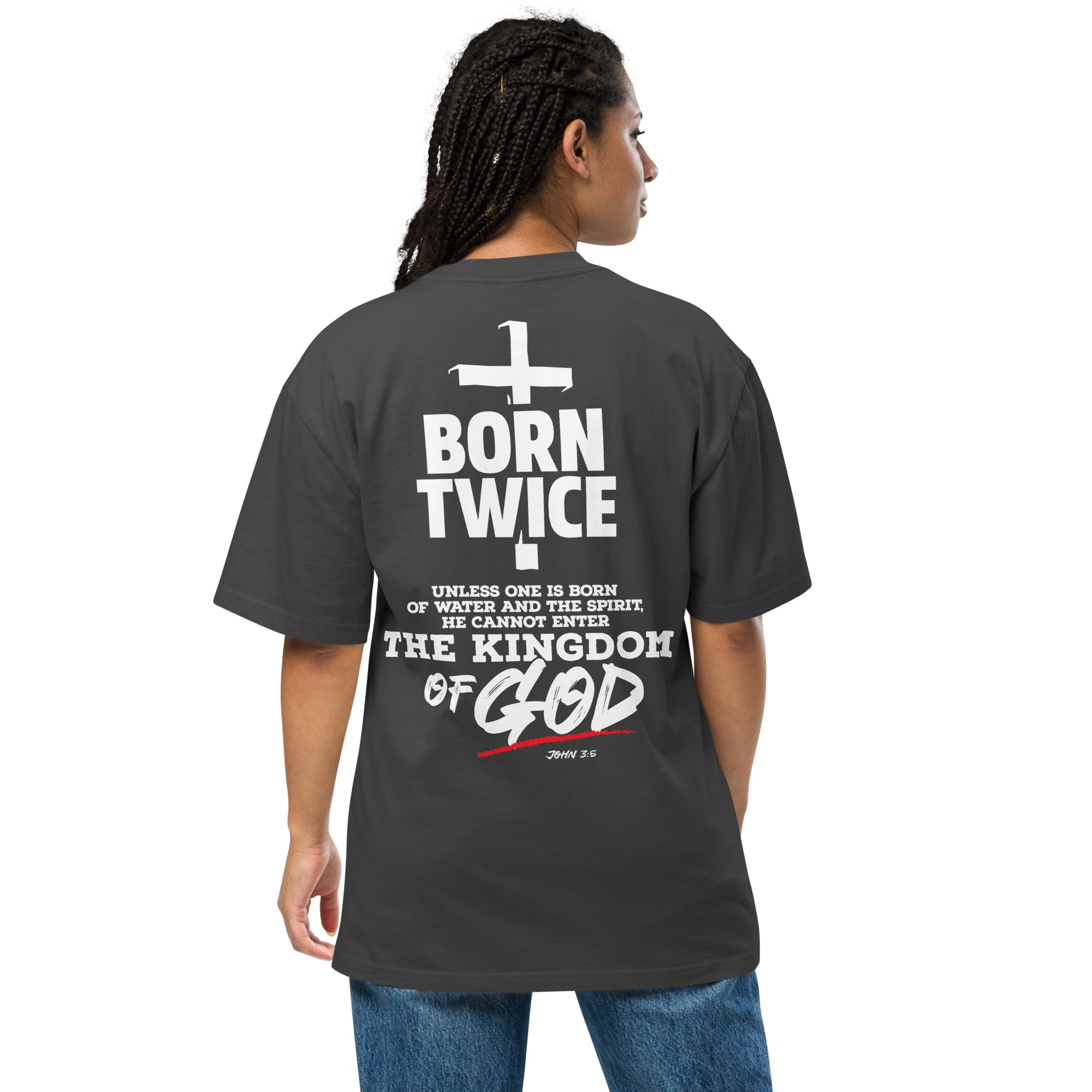 Image of Born Twice Christian apparel faded black back detail view — Entrusted to Him