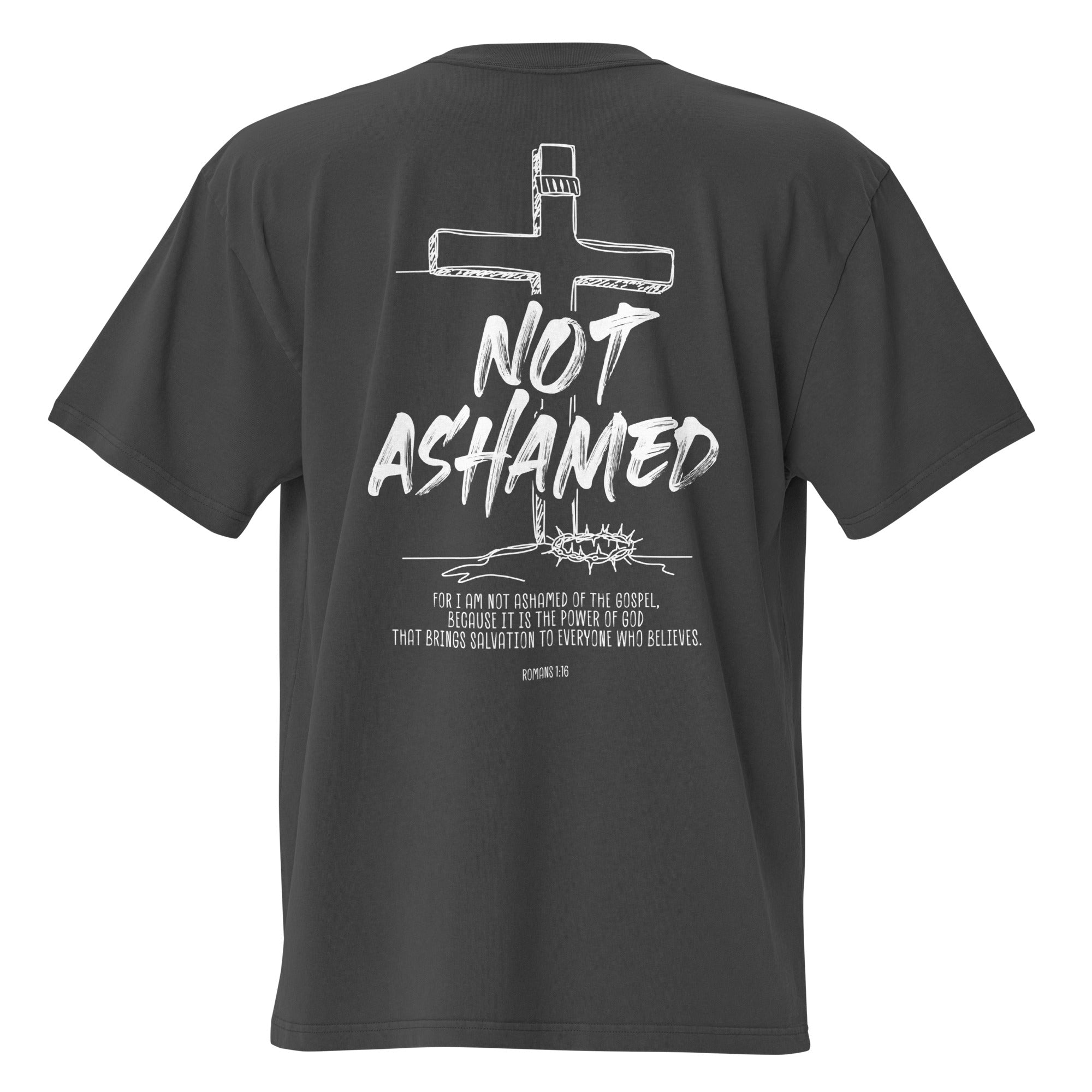 Image of Not Ashamed oversized Christian t-shirt faded black back view — Entrusted to Him