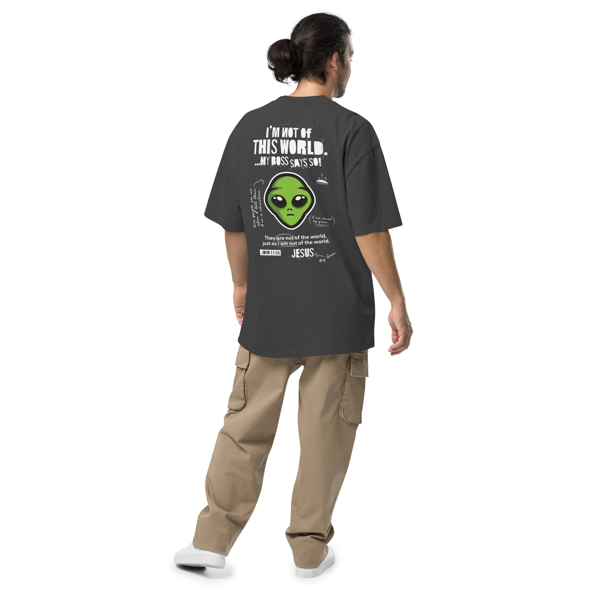 Image of Not From This World Christian graphic tee faded black back alternate view — Entrusted to Him