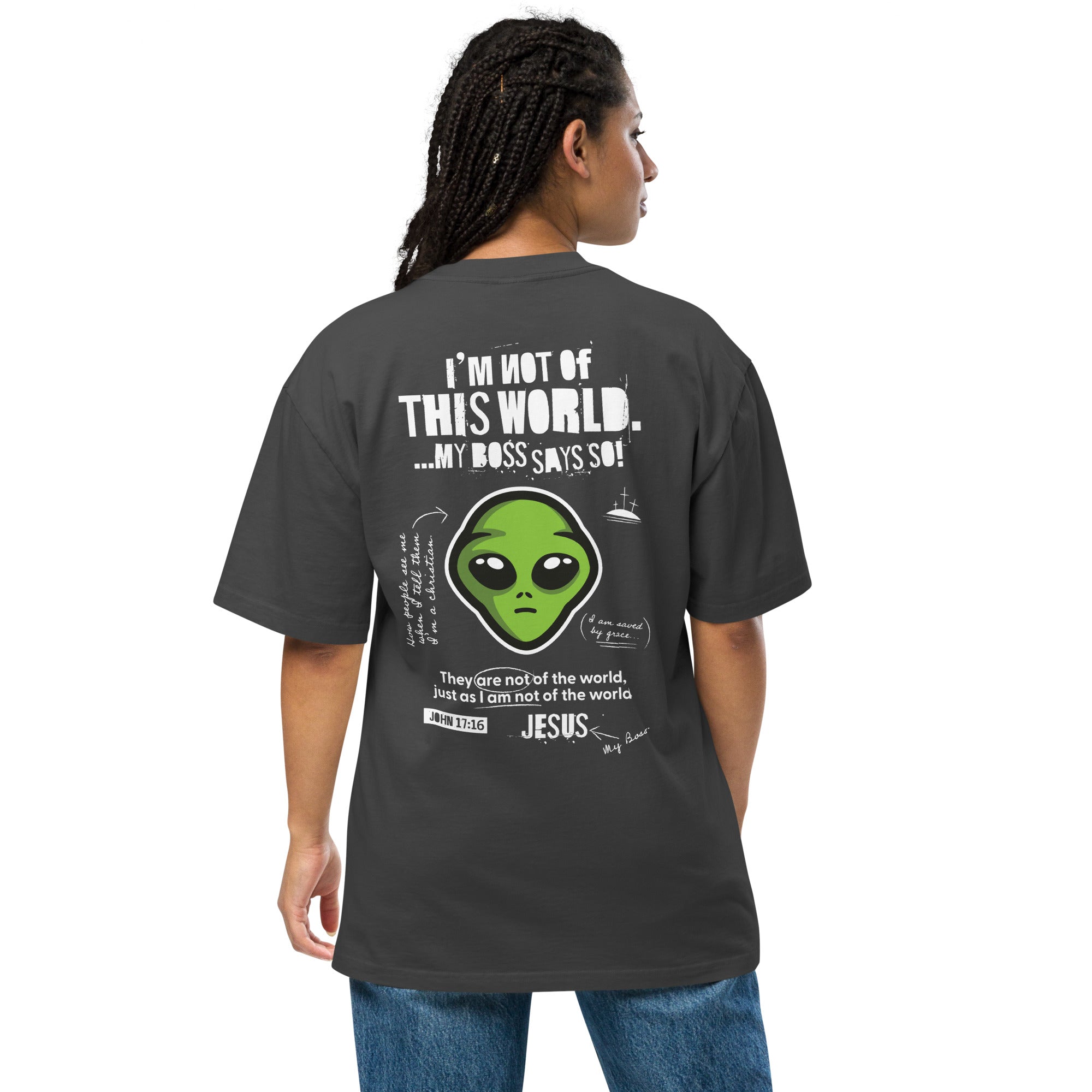 Image of Not From This World t-shirt Christian faded black back detail view — Entrusted to Him