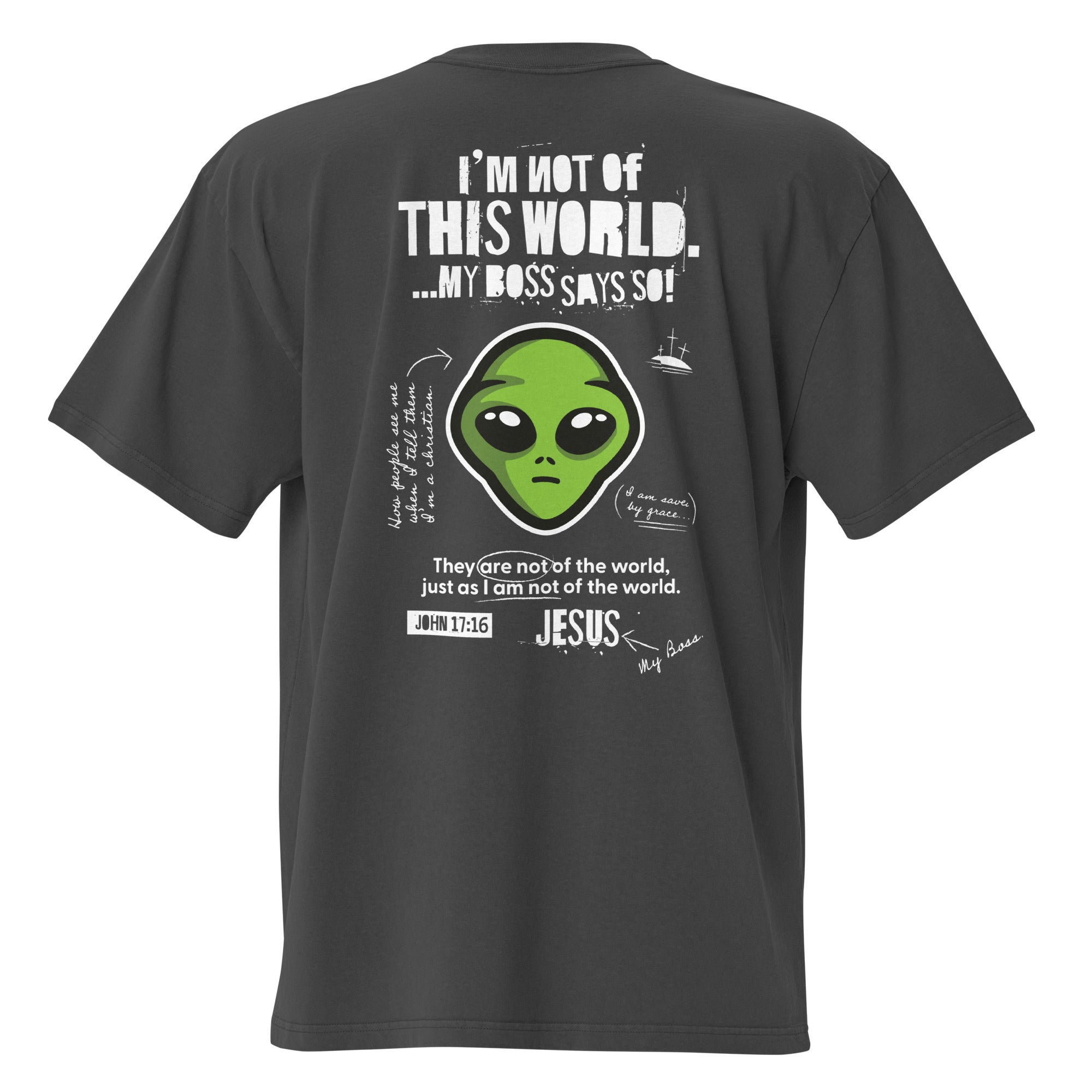 Image of Not From This World oversized Jesus shirt faded black back view — Entrusted to Him