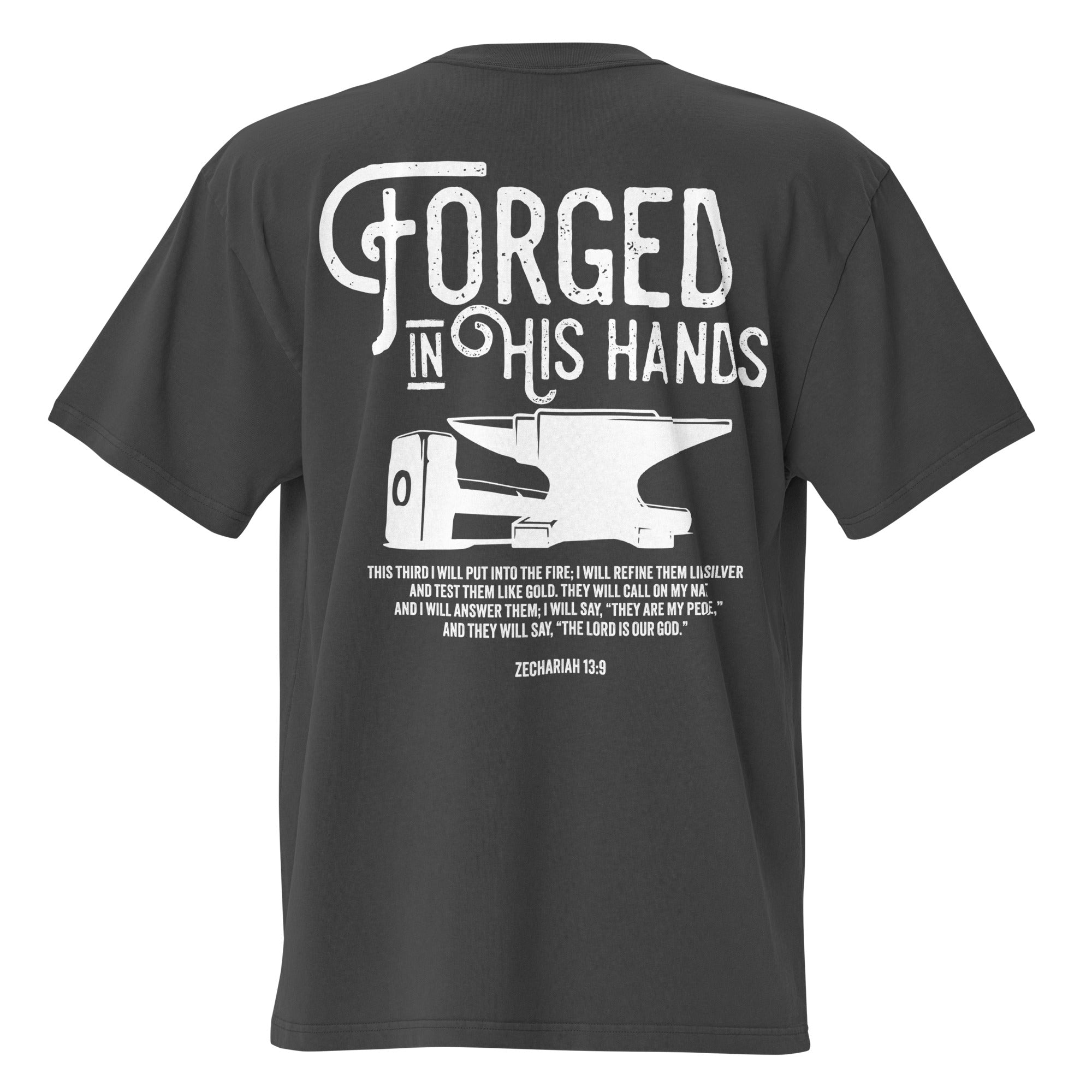 Image of Forged in His Hands oversized Christian t-shirt faded black back view — Entrusted to Him