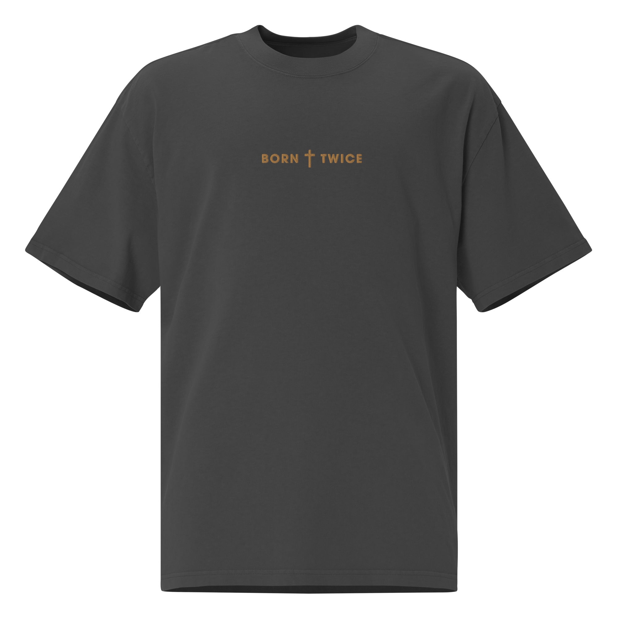 Image of Born Twice Christian graphic tee faded khaki front view — Entrusted to Him