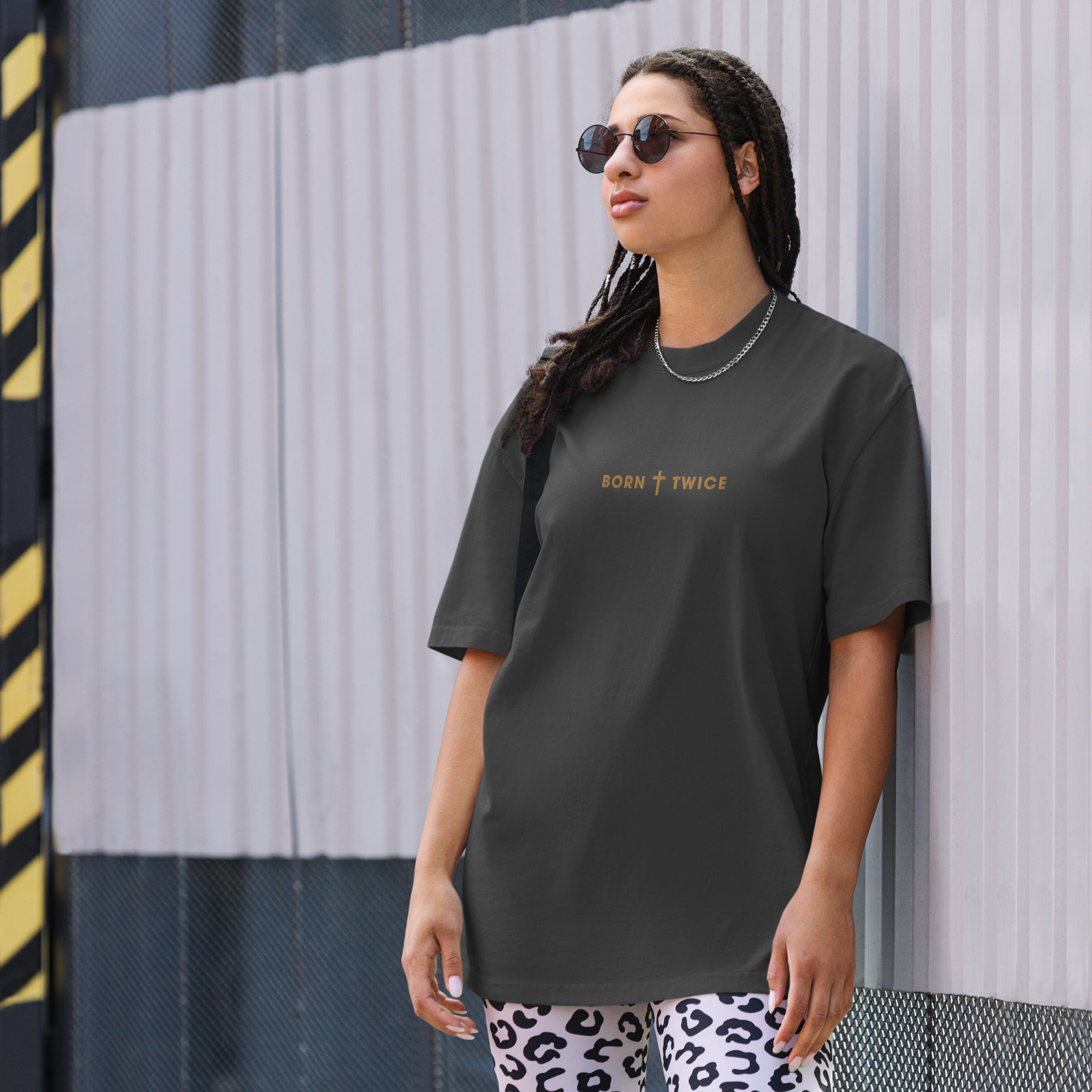 Image of Born Twice Christian graphic tee faded black front detail view — Entrusted to Him