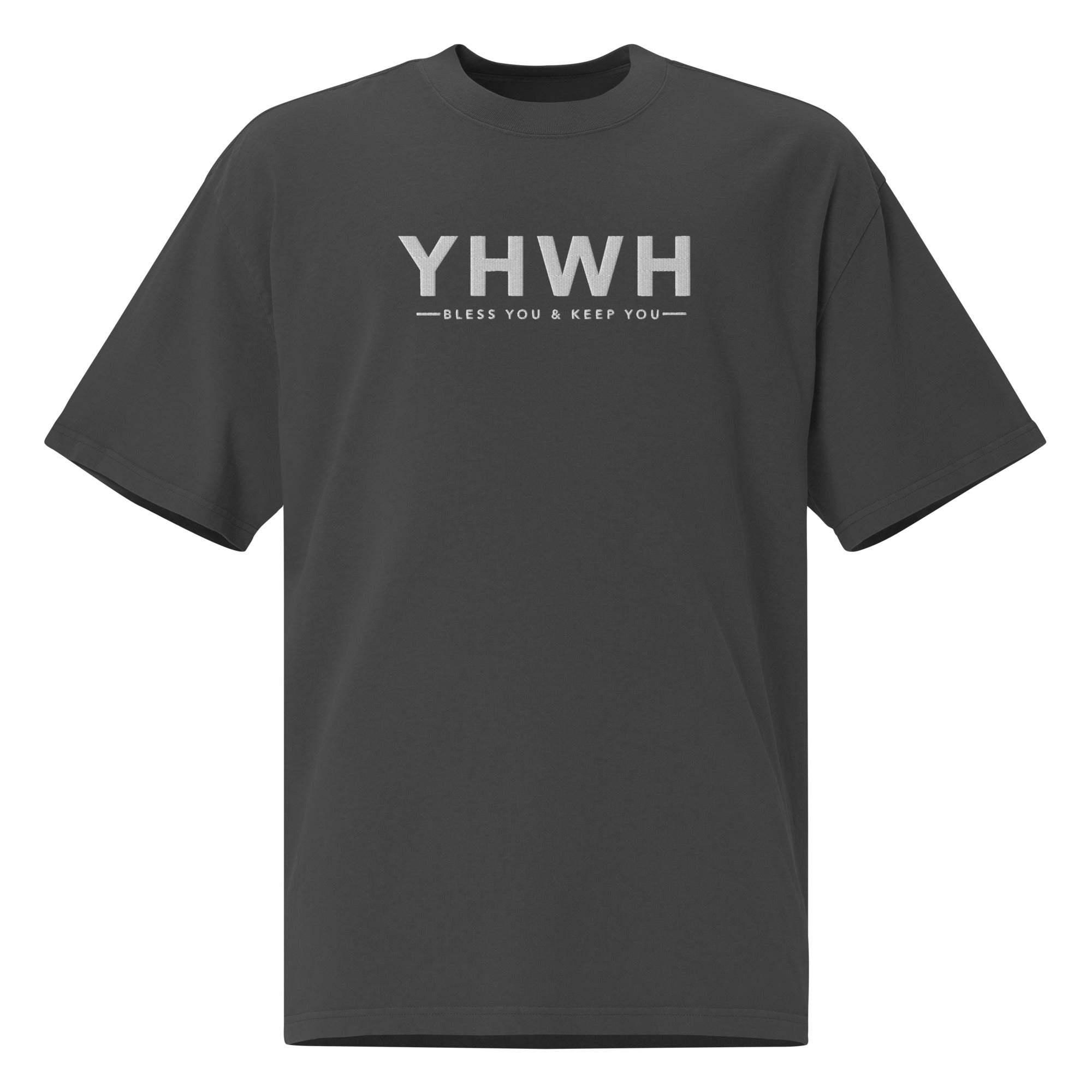 Image of YHWH embroidered oversized Jesus shirt faded black front view — Entrusted to Him