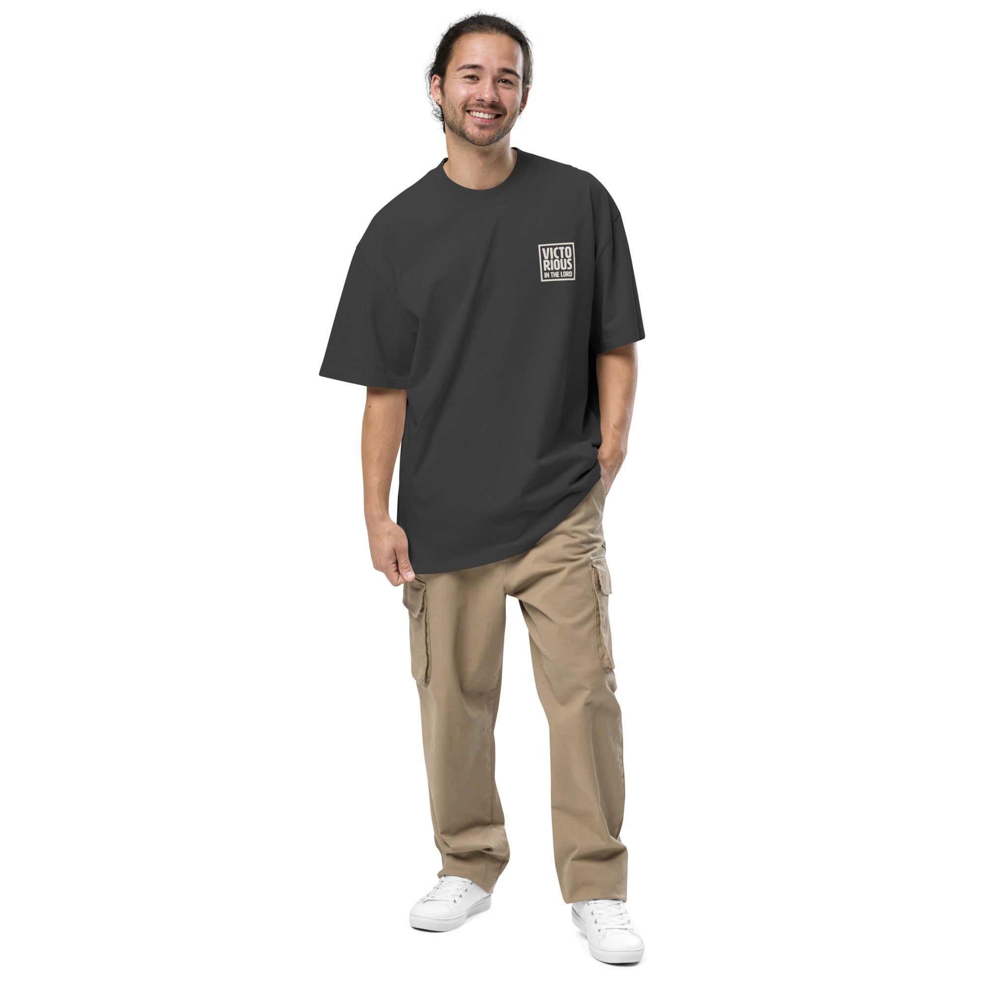 Image of Victorious Christian graphic tee faded black front alternate view — Entrusted to Him