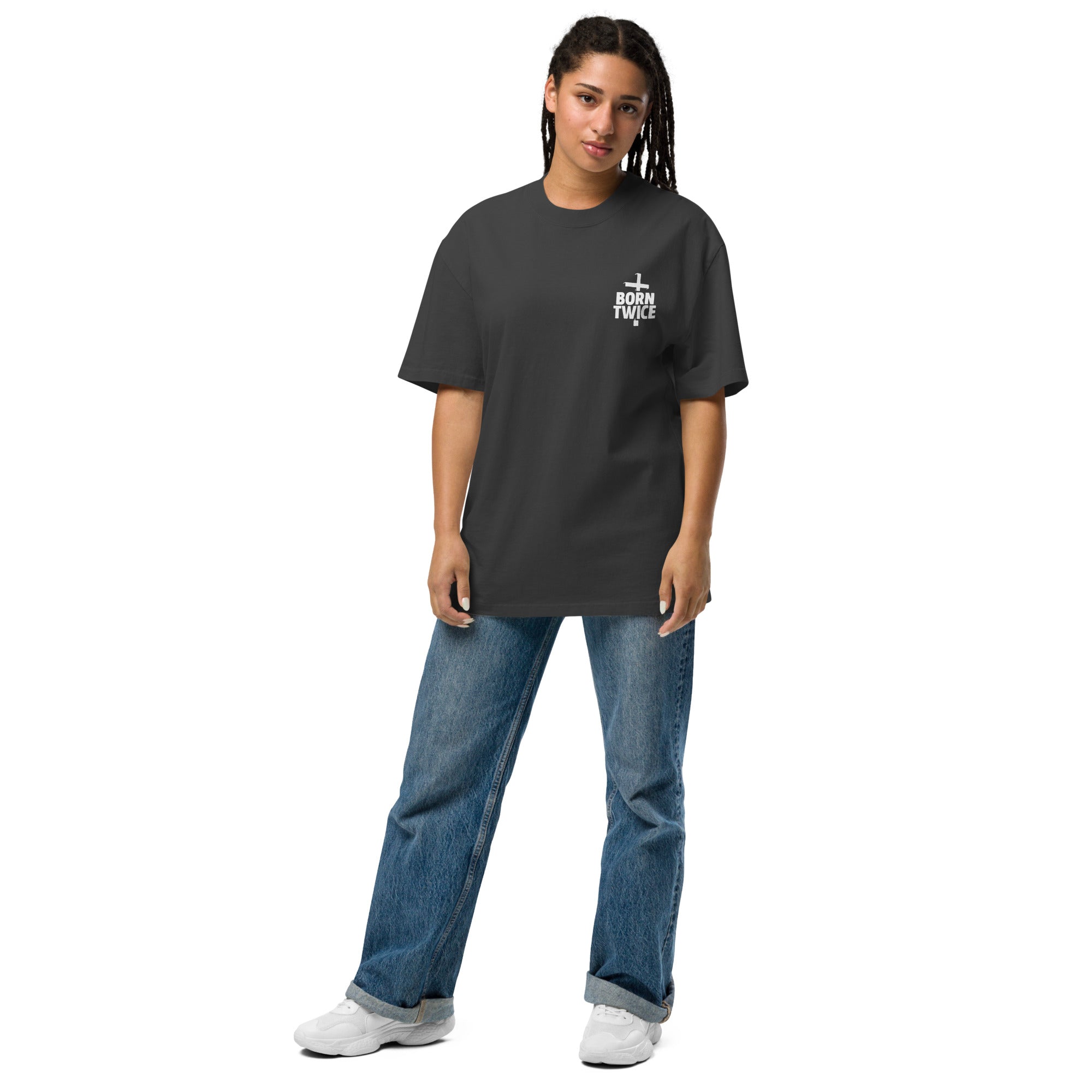 Image of Born Twice Bible verse shirt faded black front lifestyle view — Entrusted to Him