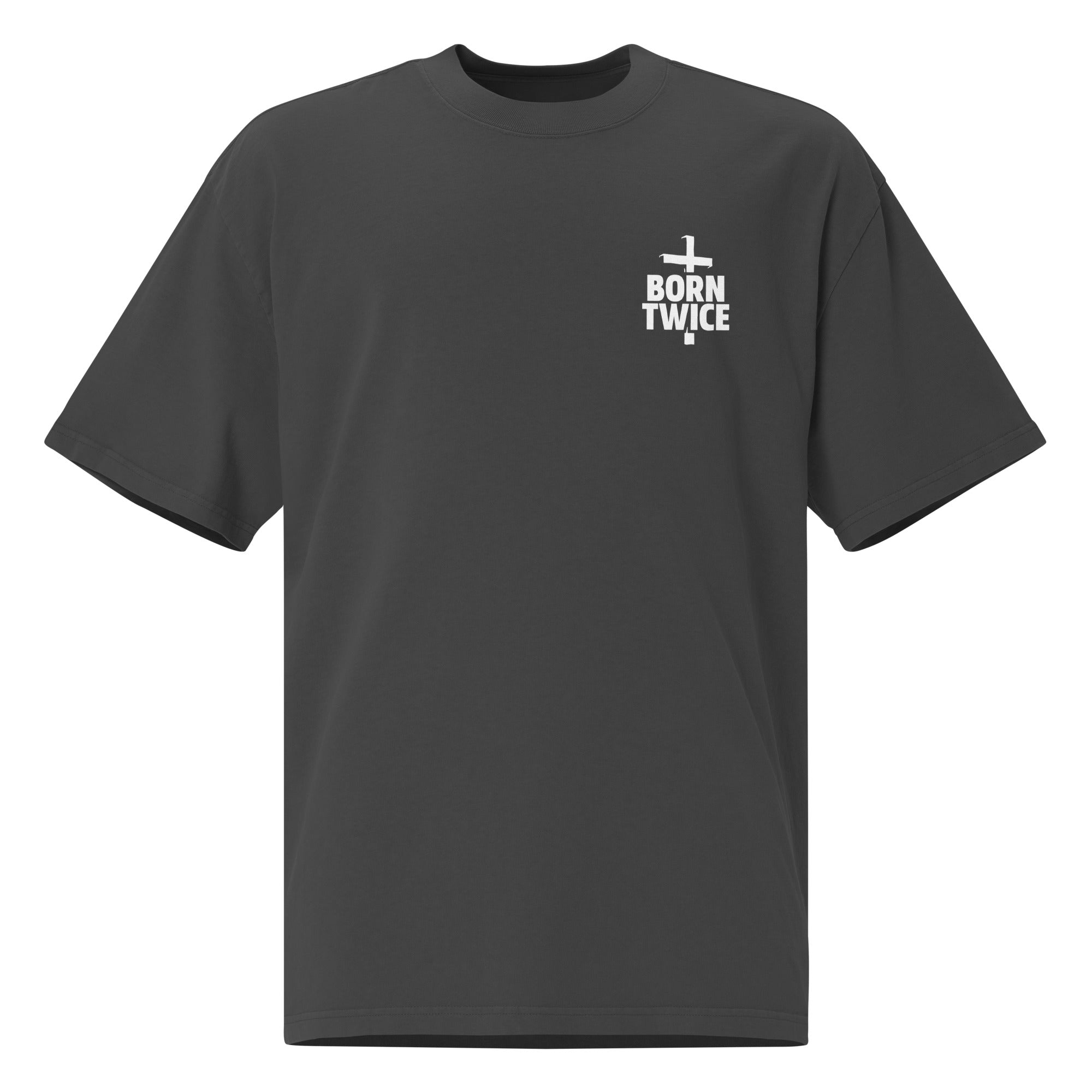 Image of Born Twice Christian graphic tee faded black front view — Entrusted to Him