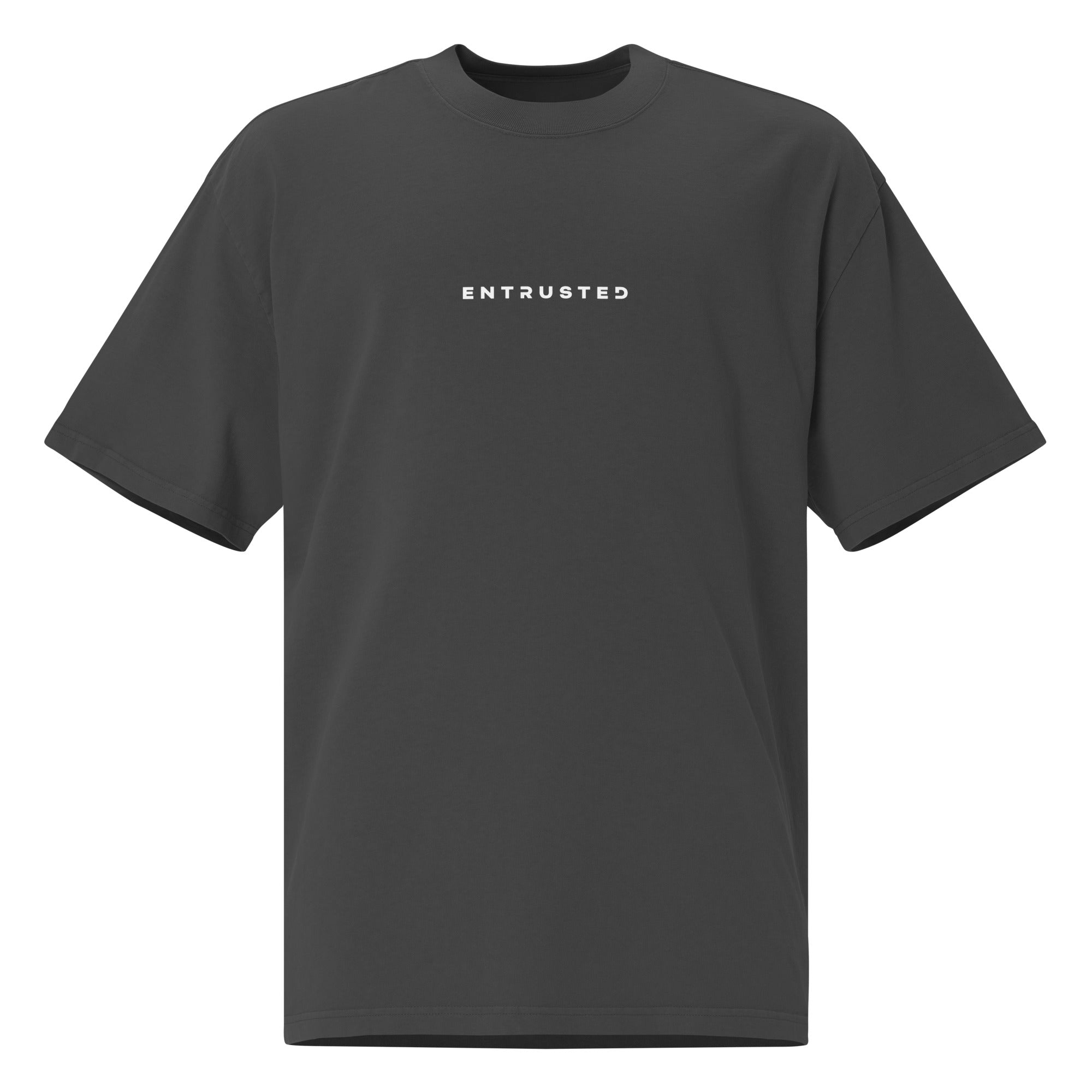 Image of Entrusted oversized Christian t-shirt faded black front view — Entrusted to Him
