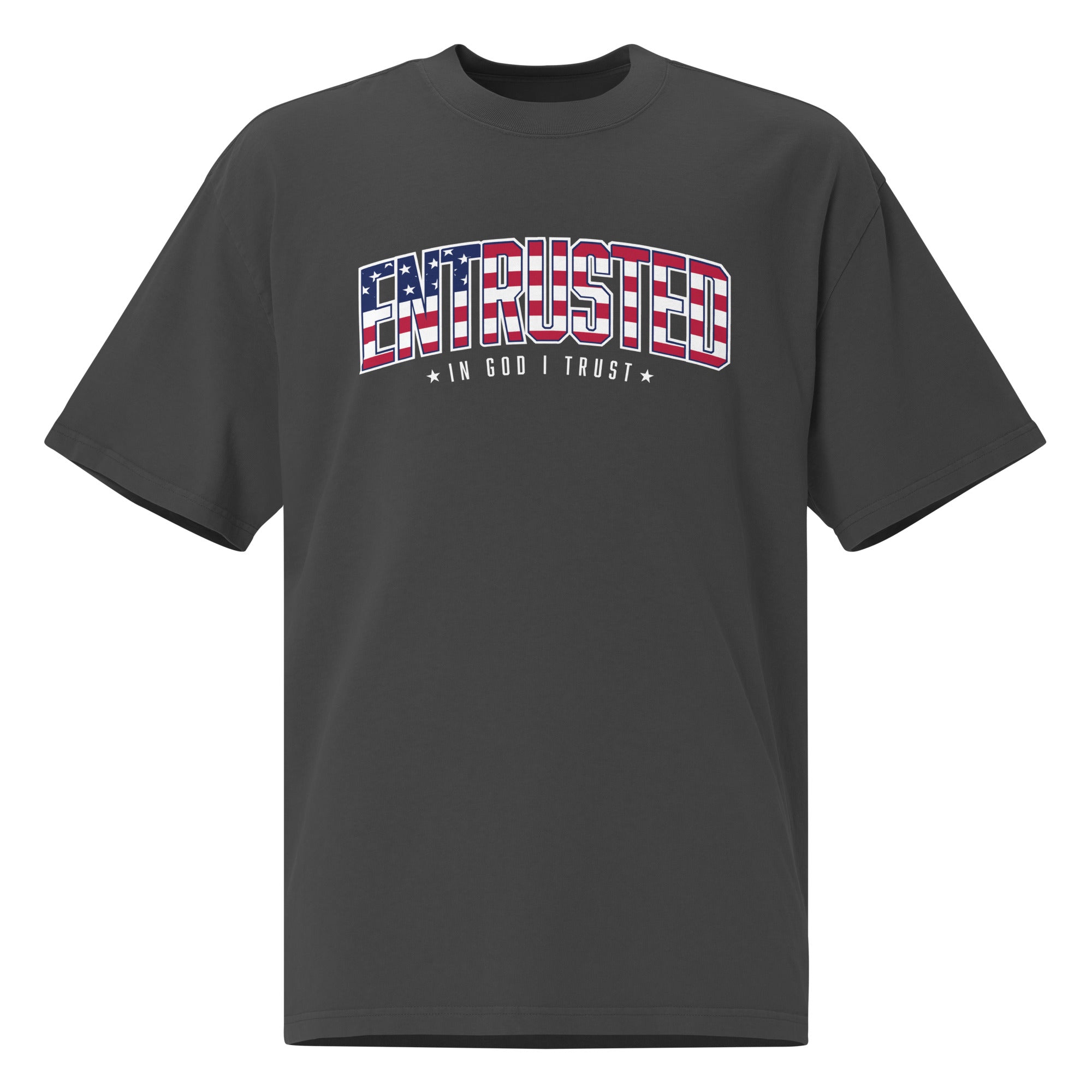 Image of Entrusted Patriotic Oversized Faded T-shirt in Faded Black, front view with American flag In God I Trust design