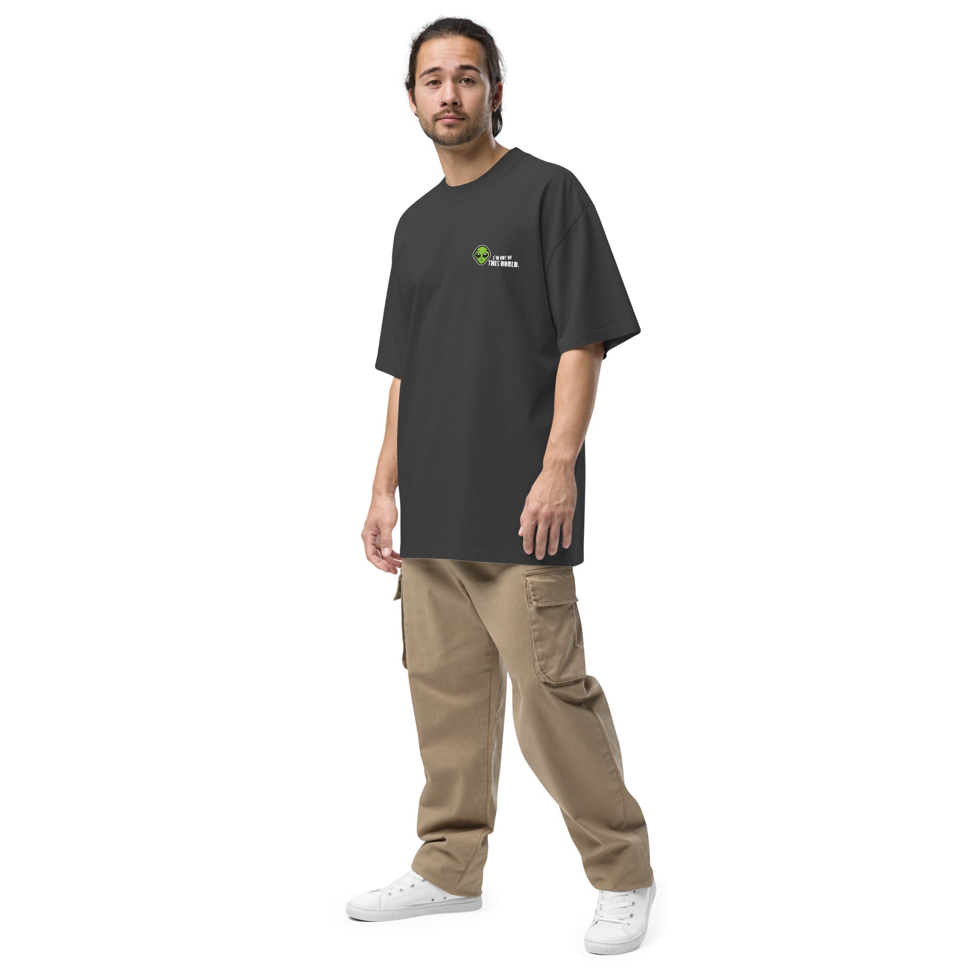 Image of Not From This World oversized Jesus shirt faded black left front view — Entrusted to Him
